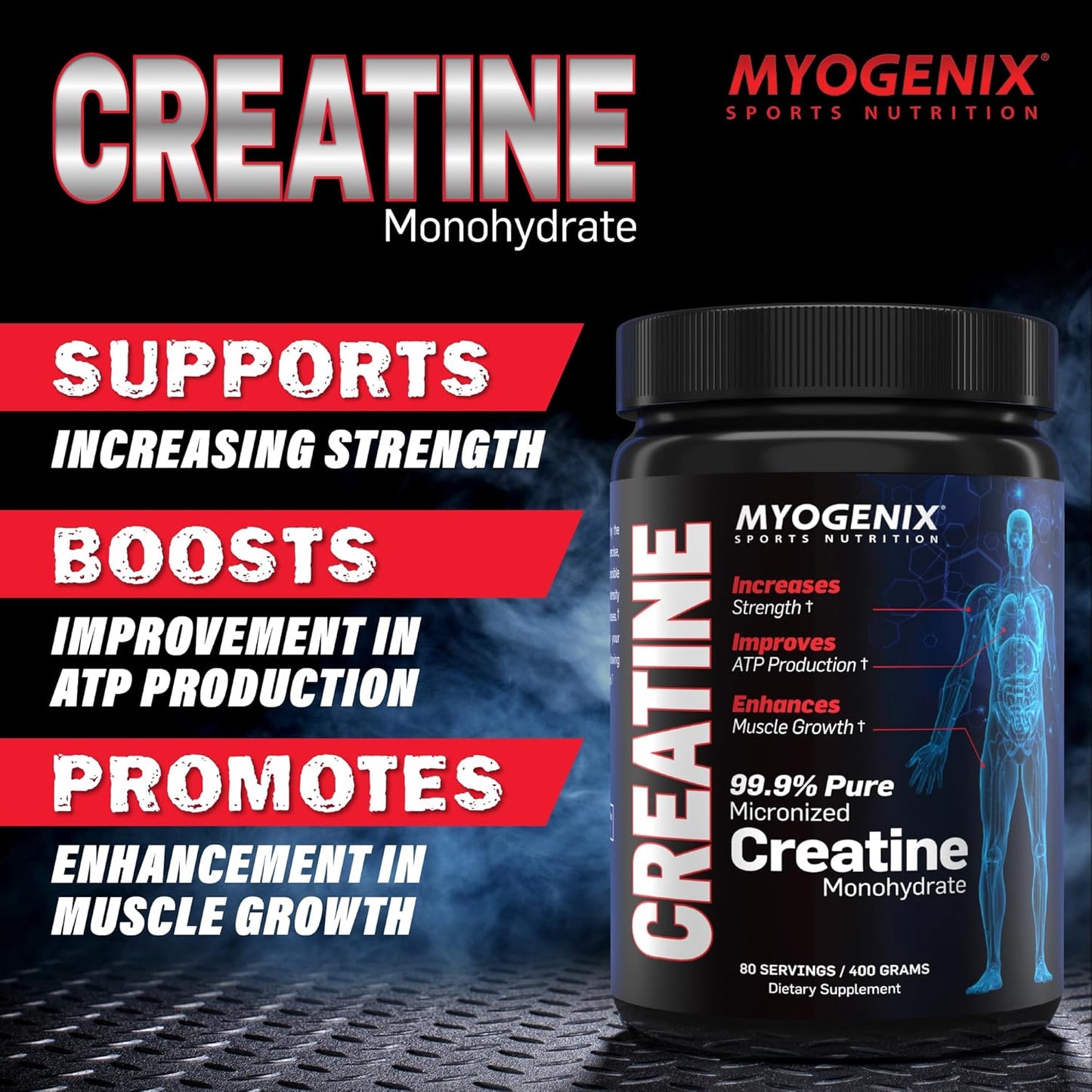 Myogenix Creatine Monohydrate Powder - Pure Supplement for Muscle Growth, Strength, and ATP Production - 80 Servings/400G