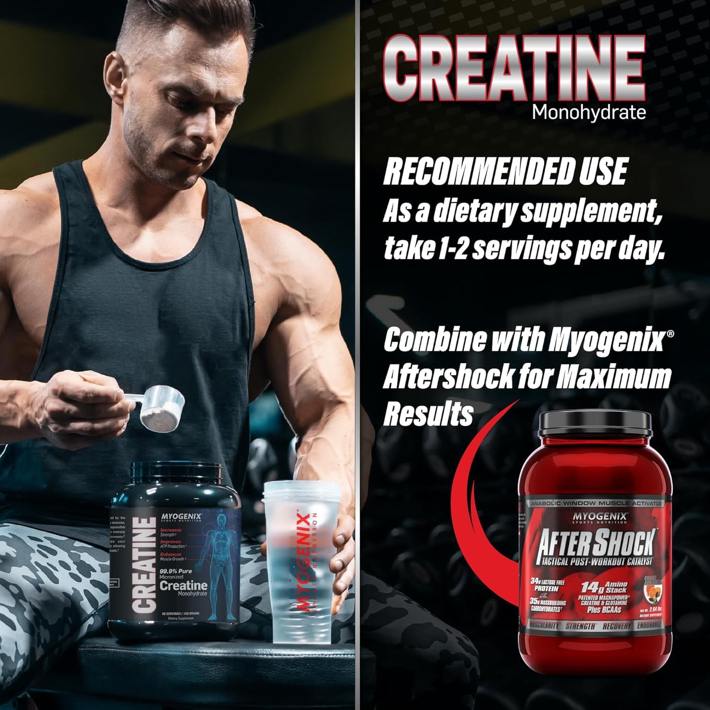 Myogenix Creatine Monohydrate Powder - Pure Supplement for Muscle Growth, Strength, and ATP Production - 80 Servings/400G
