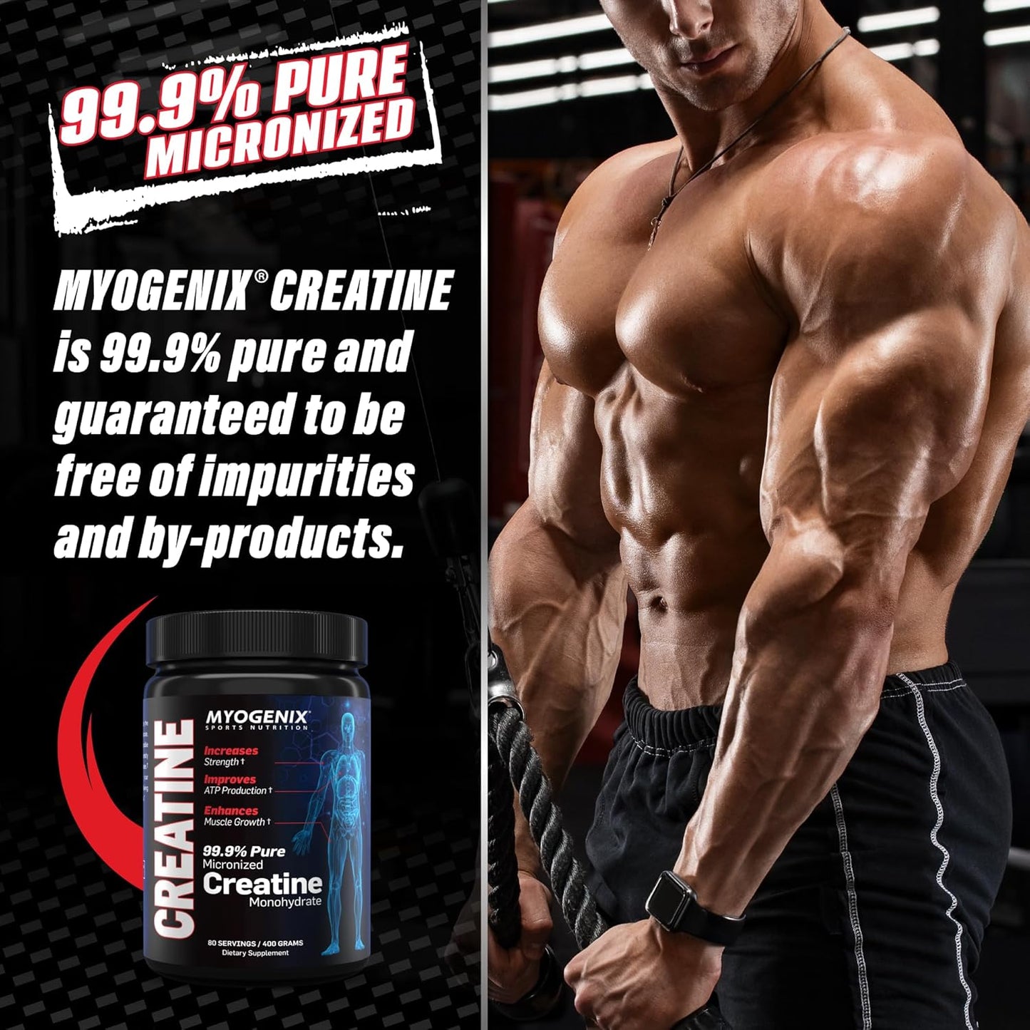 Myogenix Creatine Monohydrate Powder - Pure Supplement for Muscle Growth, Strength, and ATP Production - 80 Servings/400G