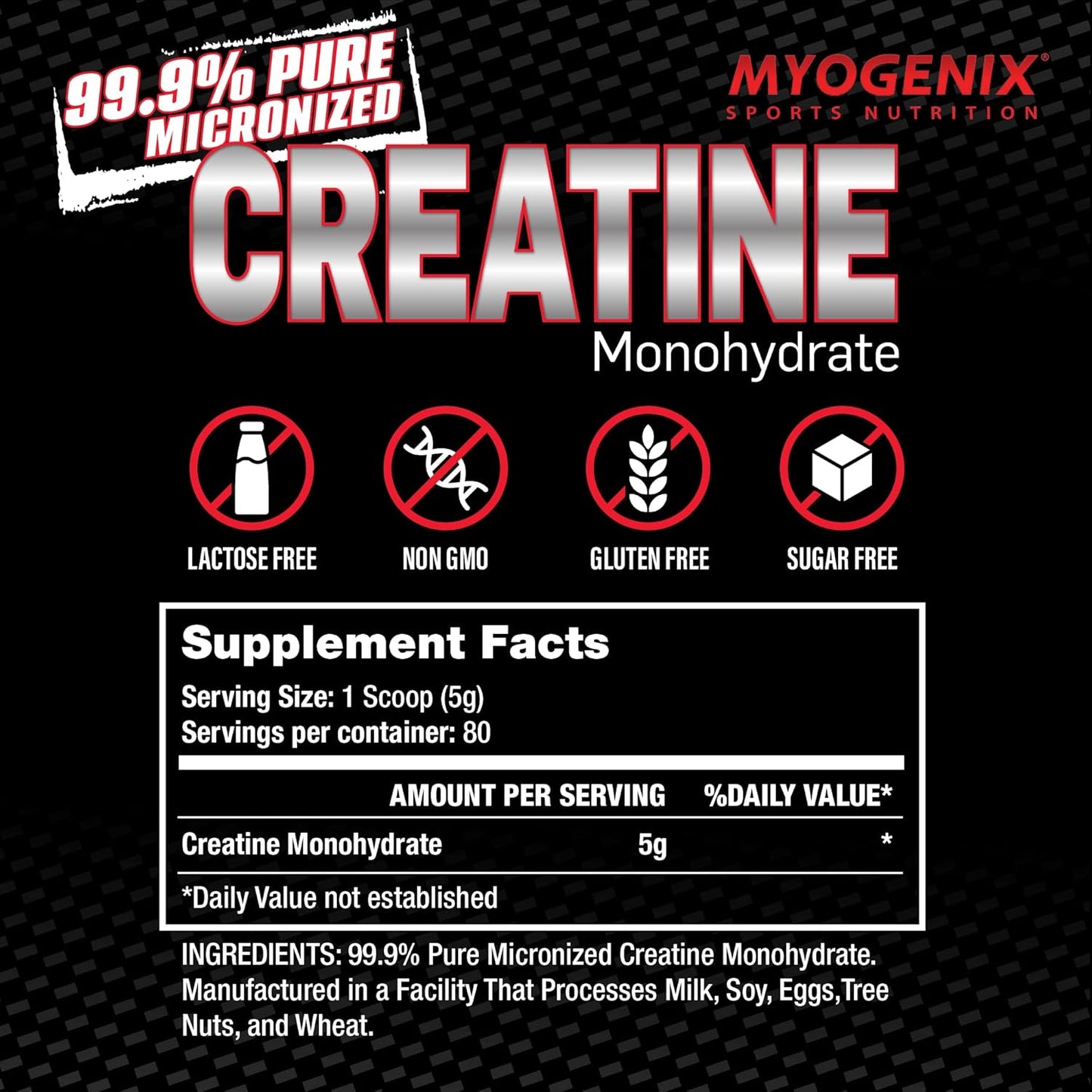 Myogenix Creatine Monohydrate Powder - Pure Supplement for Muscle Growth, Strength, and ATP Production - 80 Servings/400G