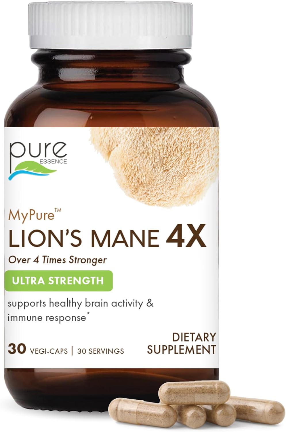 MyPure Lion's Mane 4X Supplement for Cognitive Health & Mental Clarity - Ultra Strength Brain Support with Hot Water & 10:1 Extract - 30 Capsules