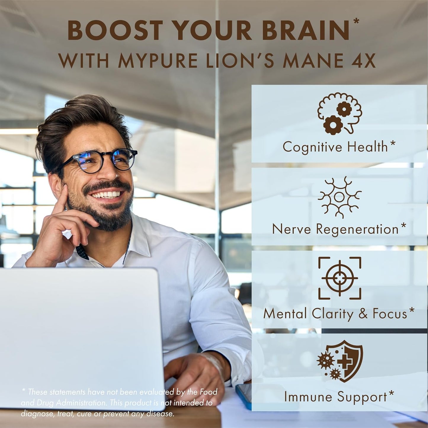 MyPure Lion's Mane 4X Supplement for Cognitive Health & Mental Clarity - Ultra Strength Brain Support with Hot Water & 10:1 Extract - 30 Capsules