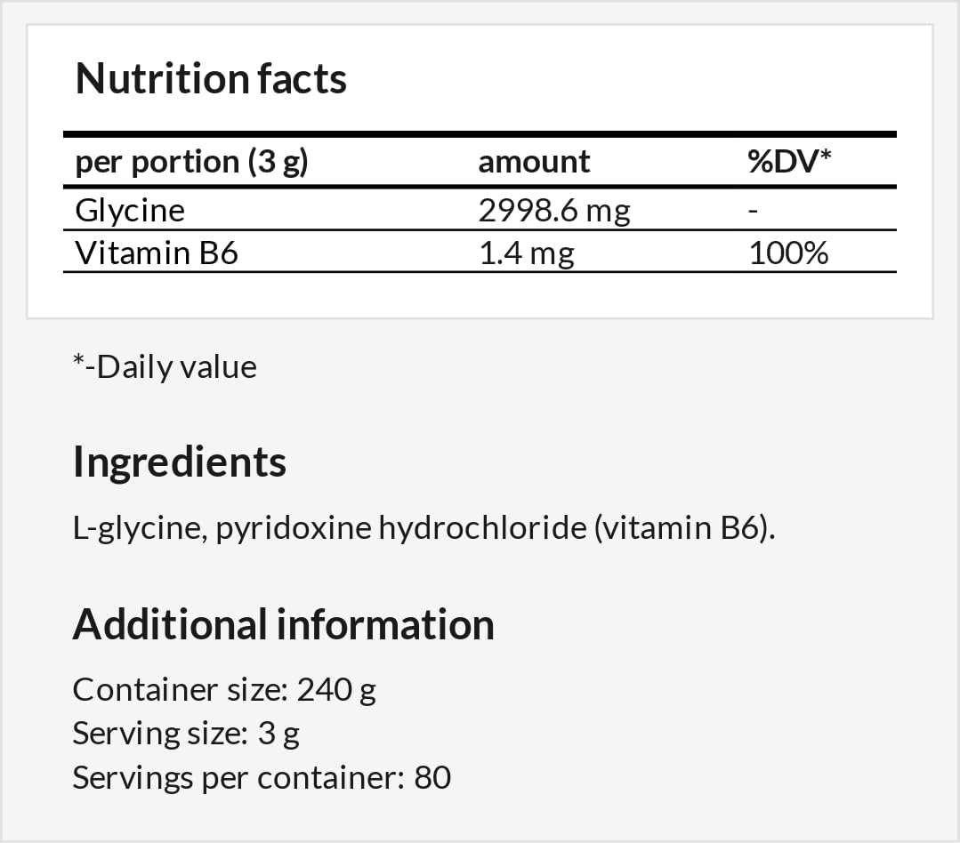 MZ Glycine Powder 240g: Vegan Amino Acid Supplement with Vitamin B6 for Evening Calm - 80 Servings - 3000 mg of Glycine - No Additives