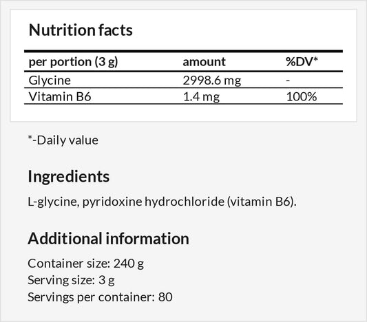 MZ Glycine Powder 240g: Vegan Amino Acid Supplement with Vitamin B6 for Evening Calm - 80 Servings - 3000 mg of Glycine - No Additives