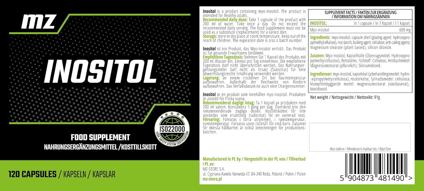 MZ Inositol 600mg Capsules - 120 Count - 4 Month Supply - Promotes Mental Health - by MZ Meet the zone