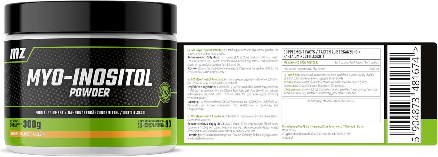 MZ Myo-Inositol Powder 300g - Orange Flavour - 3750mg per Serving - 80 Servings - by MZ
