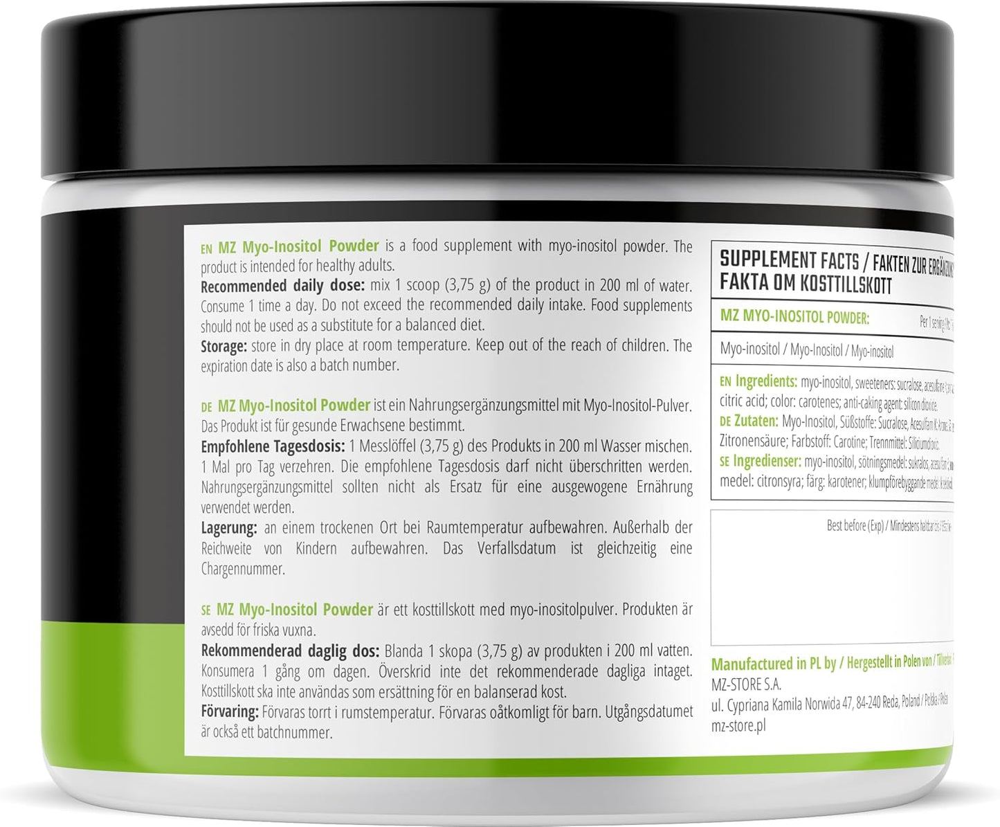 MZ Myo-Inositol Powder 300g - Orange Flavour - 3750mg per Serving - 80 Servings - by MZ