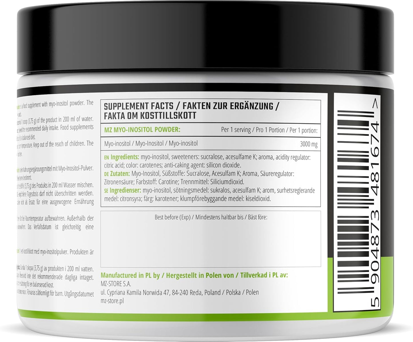 MZ Myo-Inositol Powder 300g - Orange Flavour - 3750mg per Serving - 80 Servings - by MZ