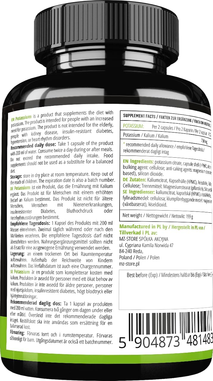 MZ Organic Potassium Citrate Supplement - 150 Vegan Capsules - Maintain Blood Pressure & Muscle Function - 5 Month Supply