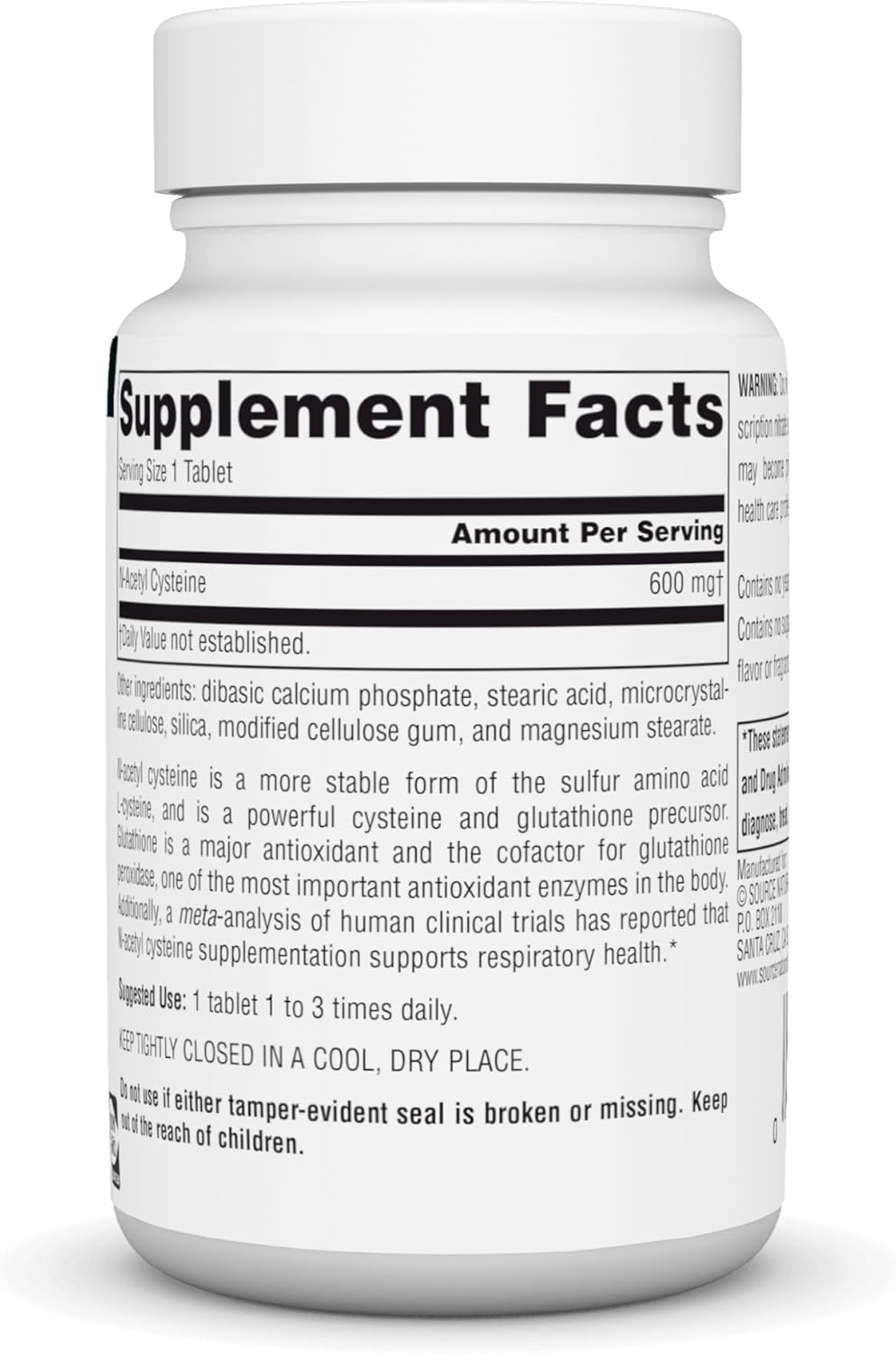 N-Acetyl Cysteine 600mg Antioxidant Dietary Supplement for Respiratory Health - 60 Tablets by Source Naturals