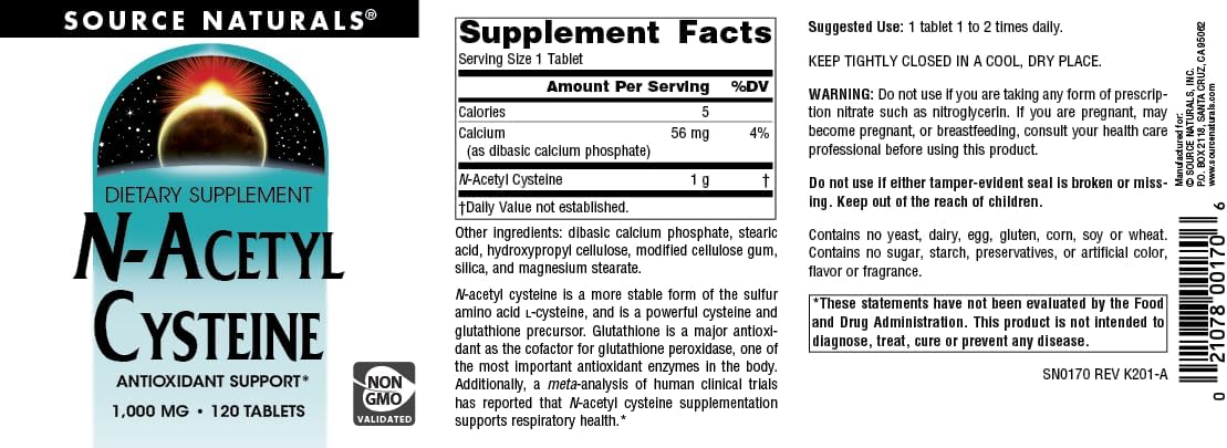 N-Acetyl Cysteine Antioxidant Support Dietary Supplement - 1000mg, 120 Tablets - Respiratory Health Support