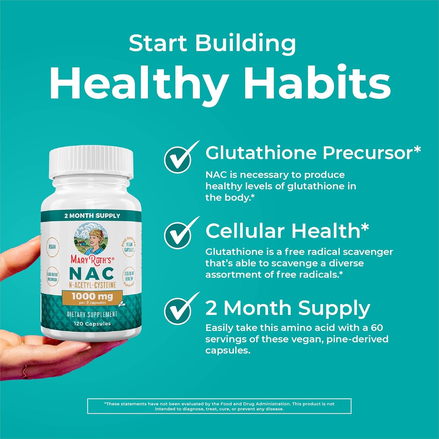 N-Acetyl Cysteine Capsules - 1000mg, 2 Month Supply, Vegan, Non-GMO, Gluten Free - MaryRuth Organics