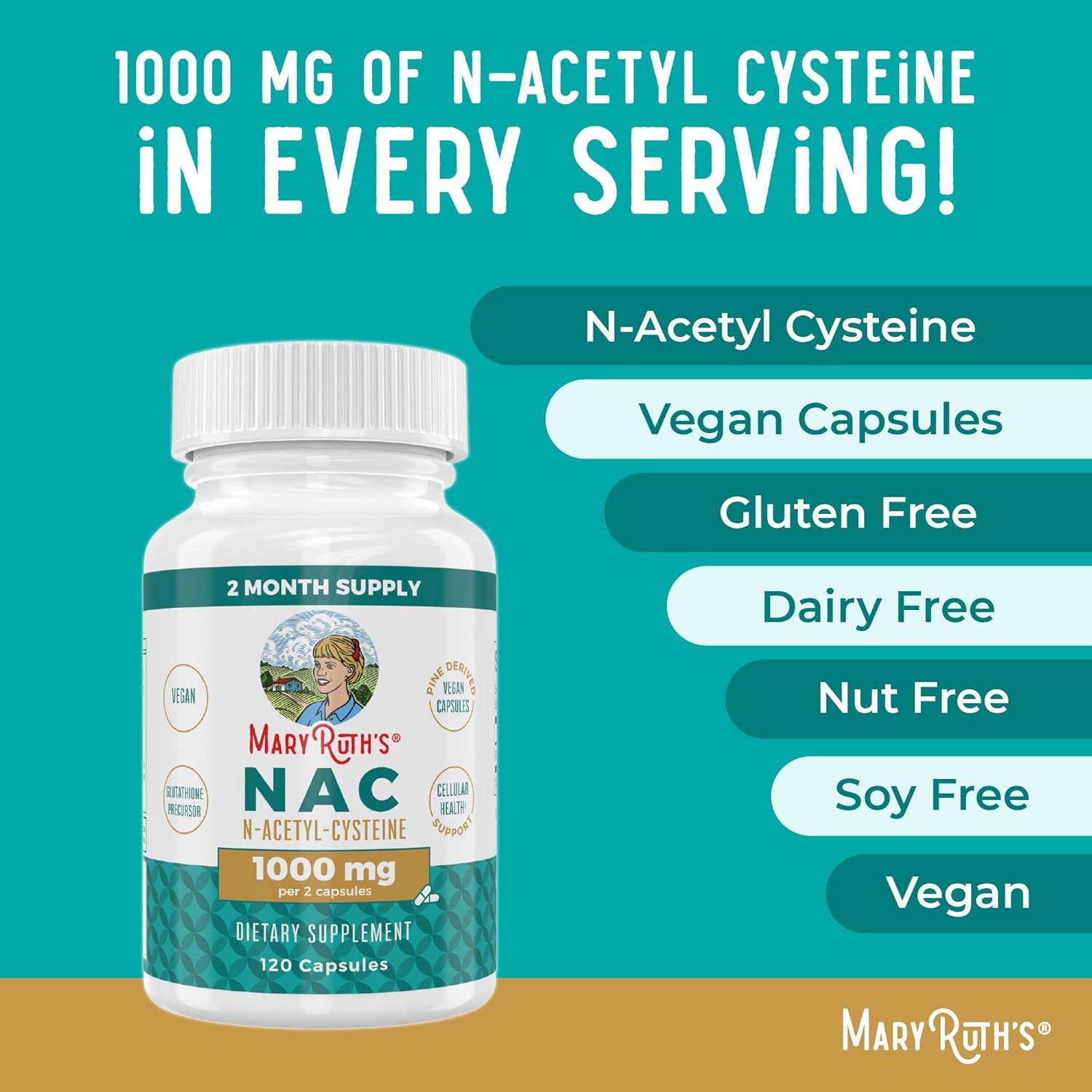 N-Acetyl Cysteine Capsules - 1000mg, 2 Month Supply, Vegan, Non-GMO, Gluten Free - MaryRuth Organics