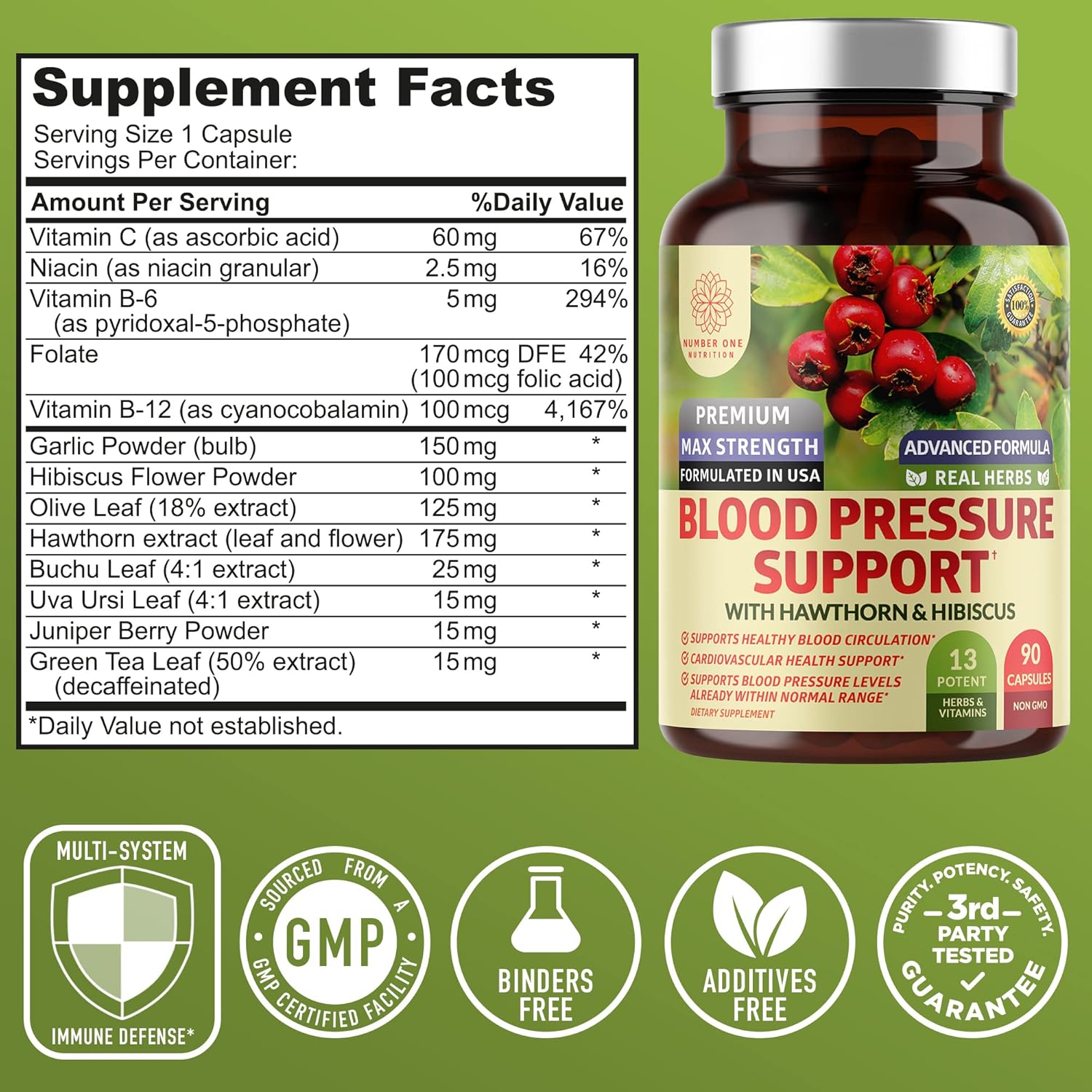 N1N Premium Blood Pressure Support 2-Pack with 13 Potent Ingredients for Natural Blood Flow Health - 180 Capsules