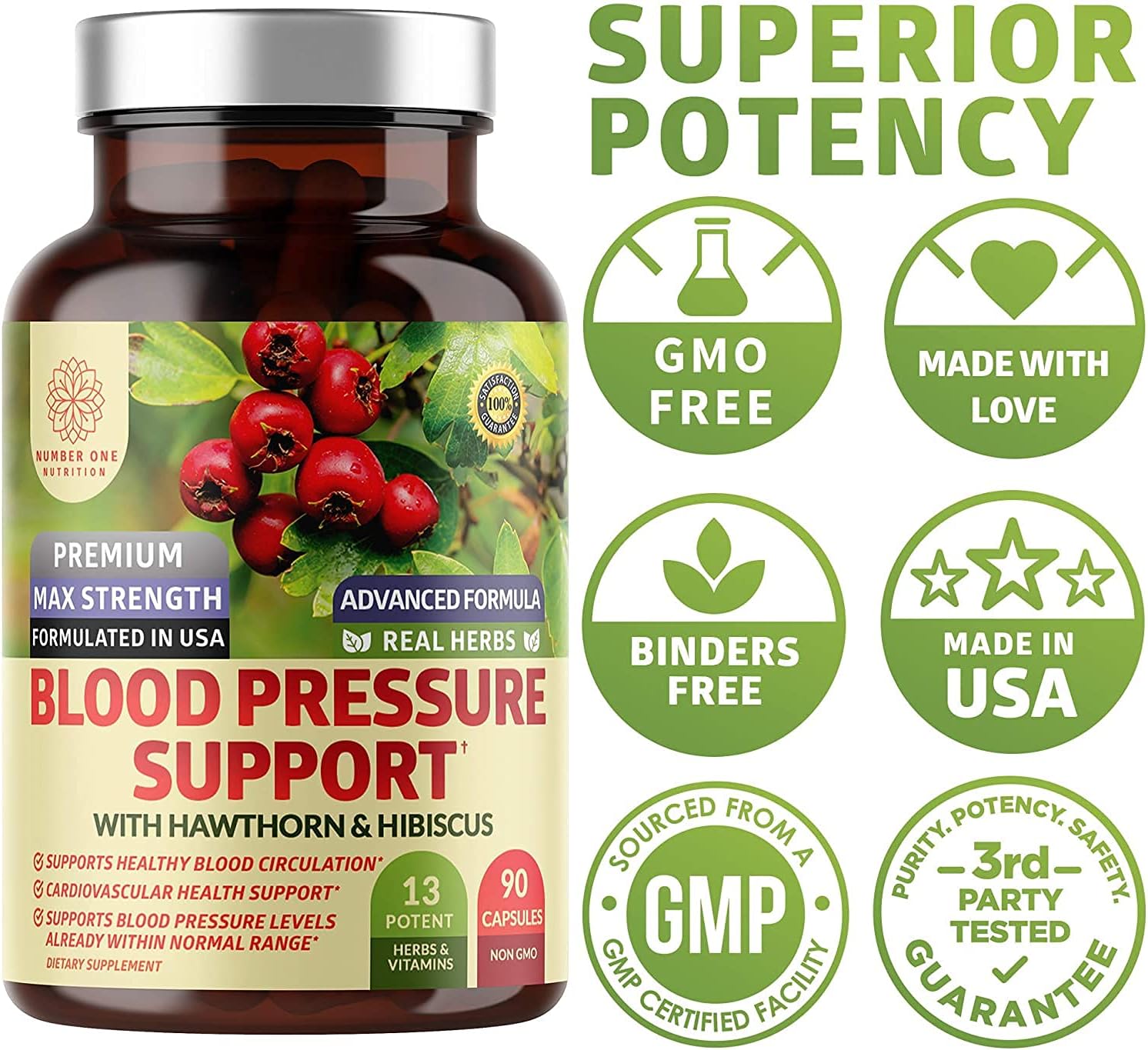 N1N Premium Blood Pressure Support 2-Pack with 13 Potent Ingredients for Natural Blood Flow Health - 180 Capsules