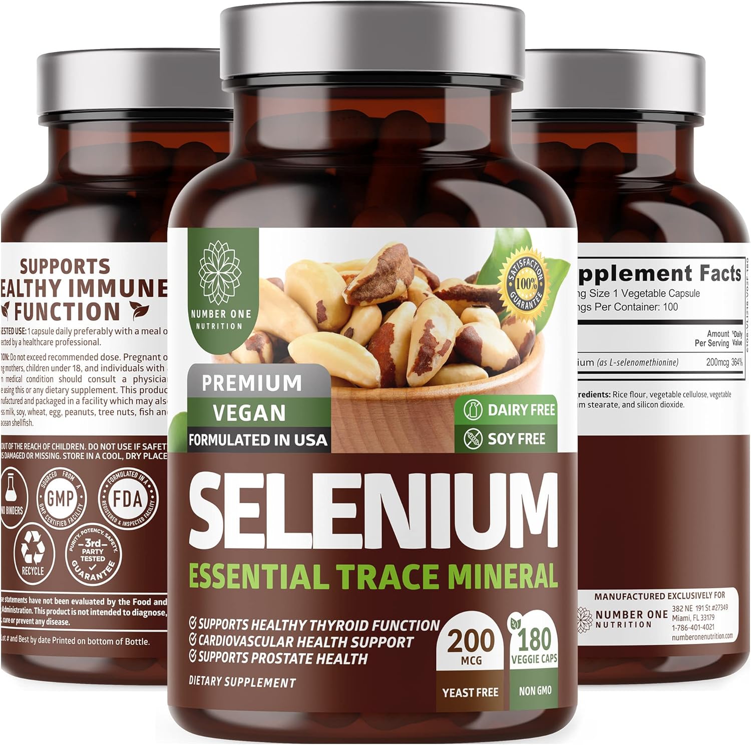 N1N Premium Pure Selenium 200MCG Capsules for Immunity, Heart, Thyroid, and Prostate Health - 180 Count