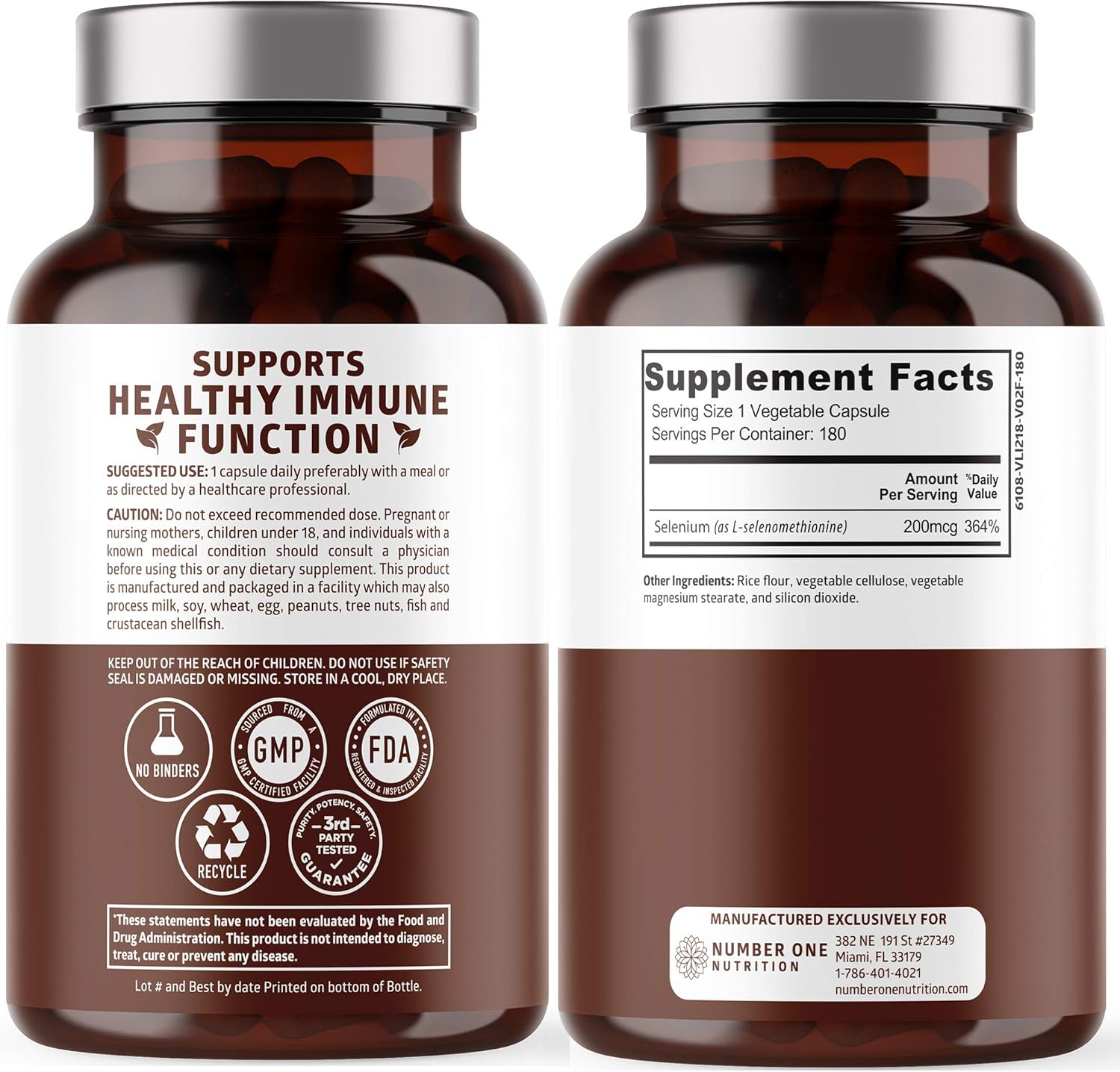 N1N Premium Pure Selenium 200MCG Capsules for Immunity, Heart, Thyroid, and Prostate Health - 180 Count