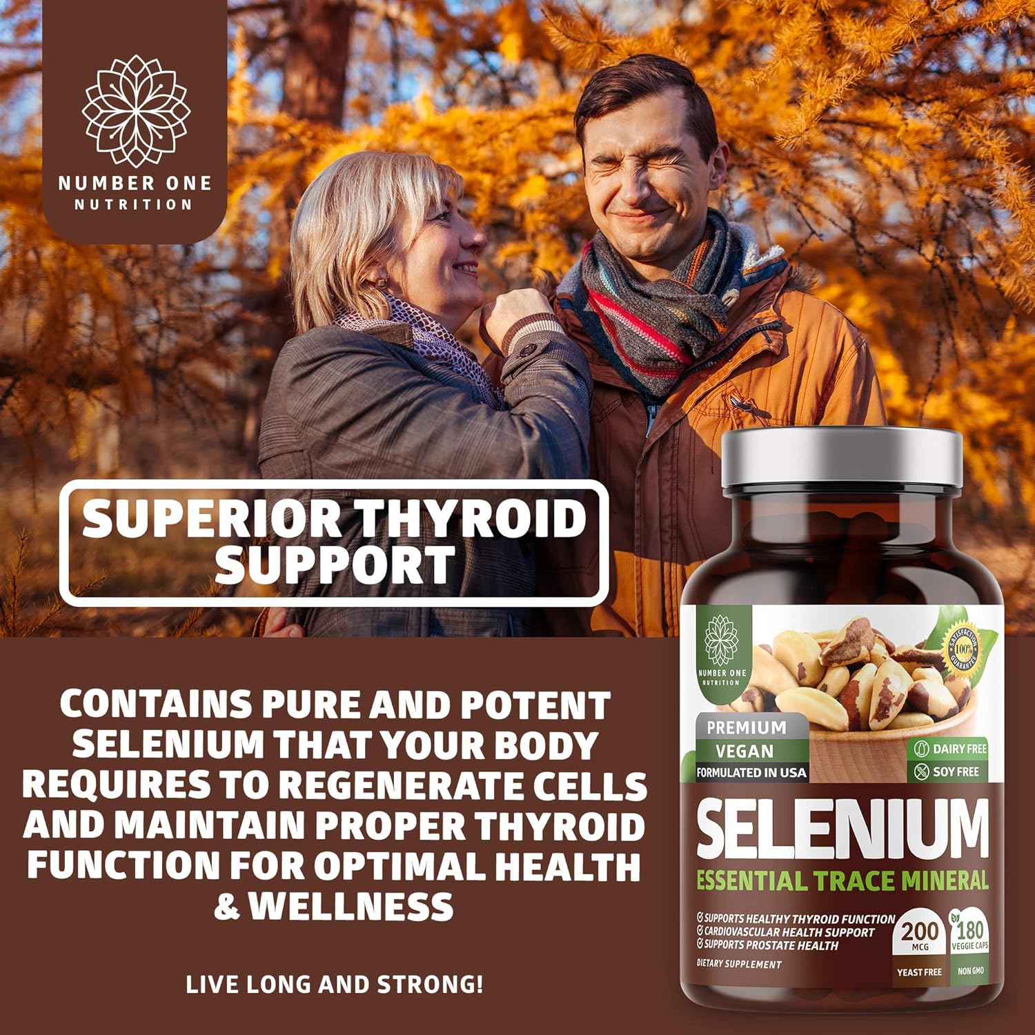 N1N Premium Pure Selenium 200MCG Capsules for Immunity, Heart, Thyroid, and Prostate Health - 180 Count