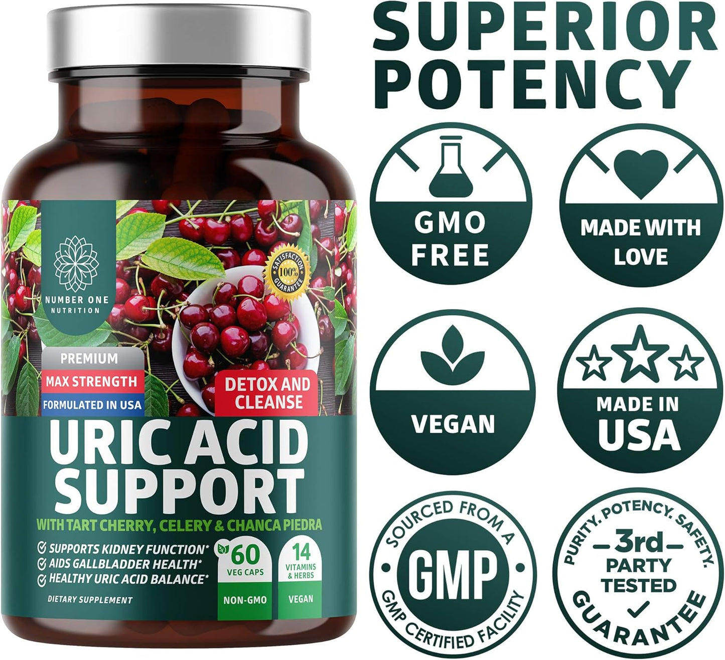 N1N Premium Uric Acid Support Supplement - Natural Kidney Cleanse with 14X Potent Herbs including Tart Cherry, Milk Thistle, and Cranberry