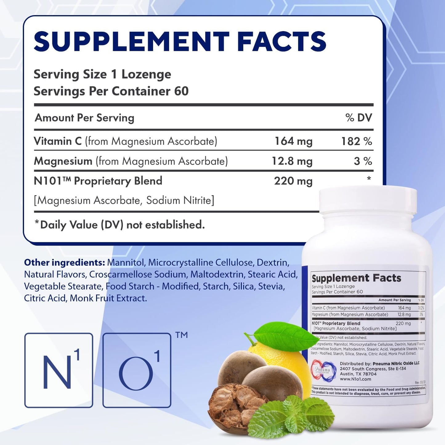 N1O1 Nitric Oxide Lozenges - 60 Count - Heart Health Support Supplement for Men & Women - Boost Circulation, Energy, Blood Flow, & Oxygenation - Promotes Healthy Blood Pressure & Cardiovascular Health
