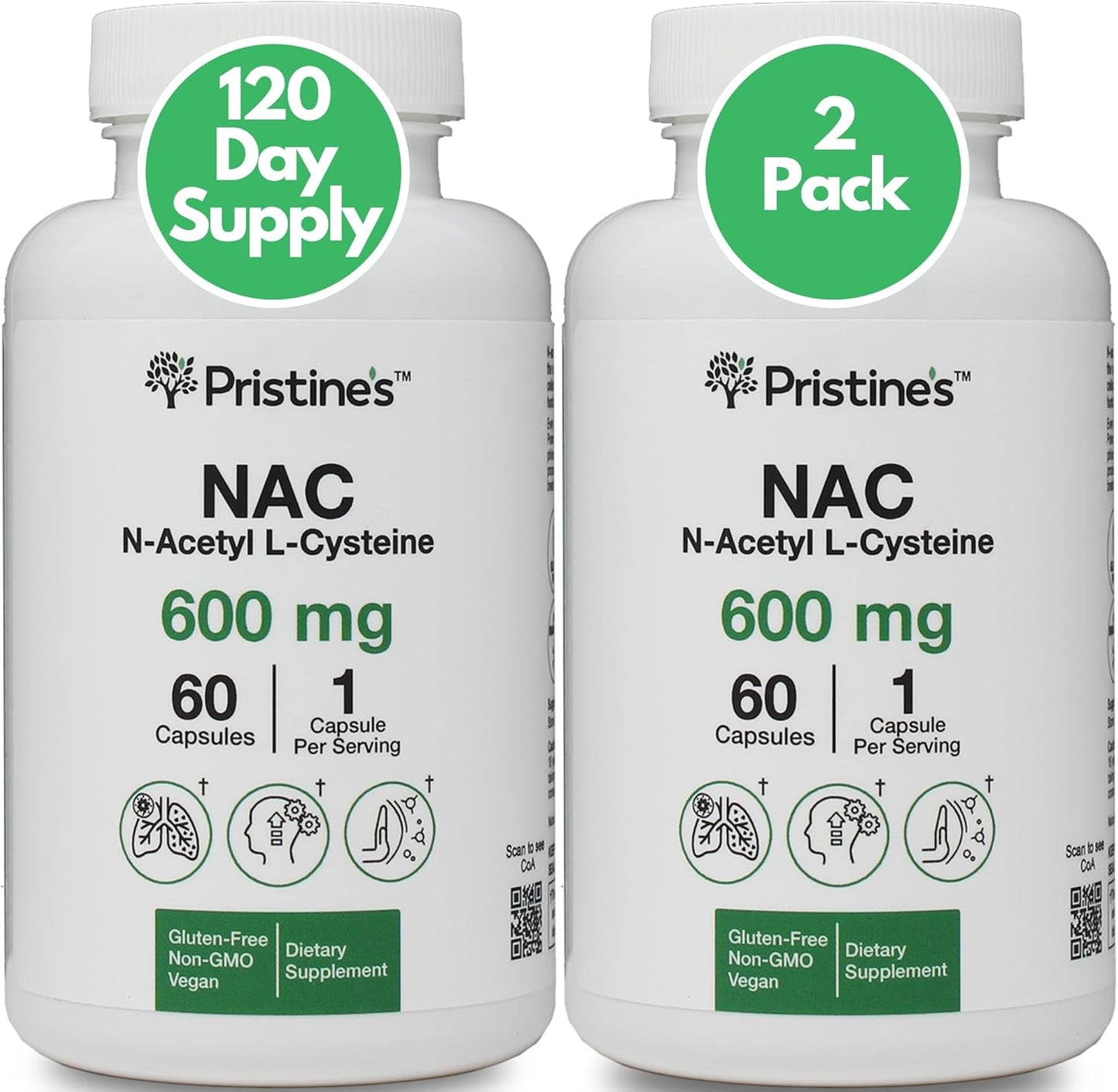 NAC 600mg Immunity Support Supplement (2 Pack) - Potent Antioxidant for Lung & Liver - Mood Support - Vegan, Gluten Free, Non GMO - 120-Day Supply