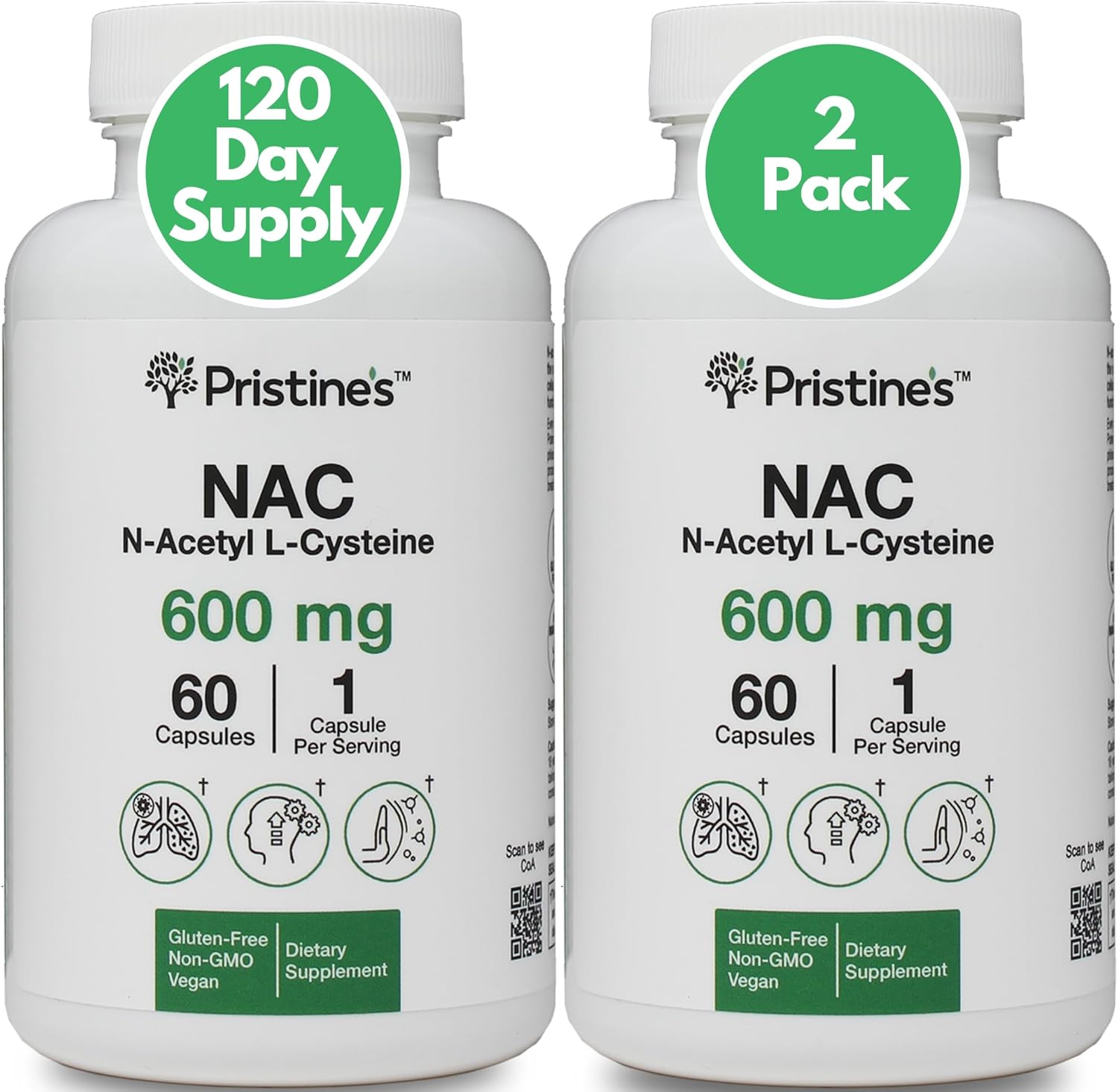 NAC 600mg Immunity Support Supplement (2 Pack) - Potent Antioxidant for Lung & Liver - Mood Support - Vegan, Gluten Free, Non GMO - 120-Day Supply