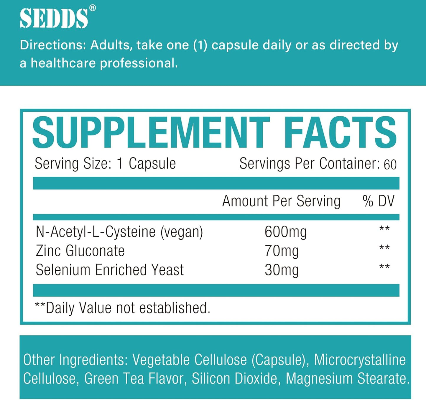 NAC 600mg SEDDS Supplements - 60 Veg Capsules, Non-GMO & Gluten Free