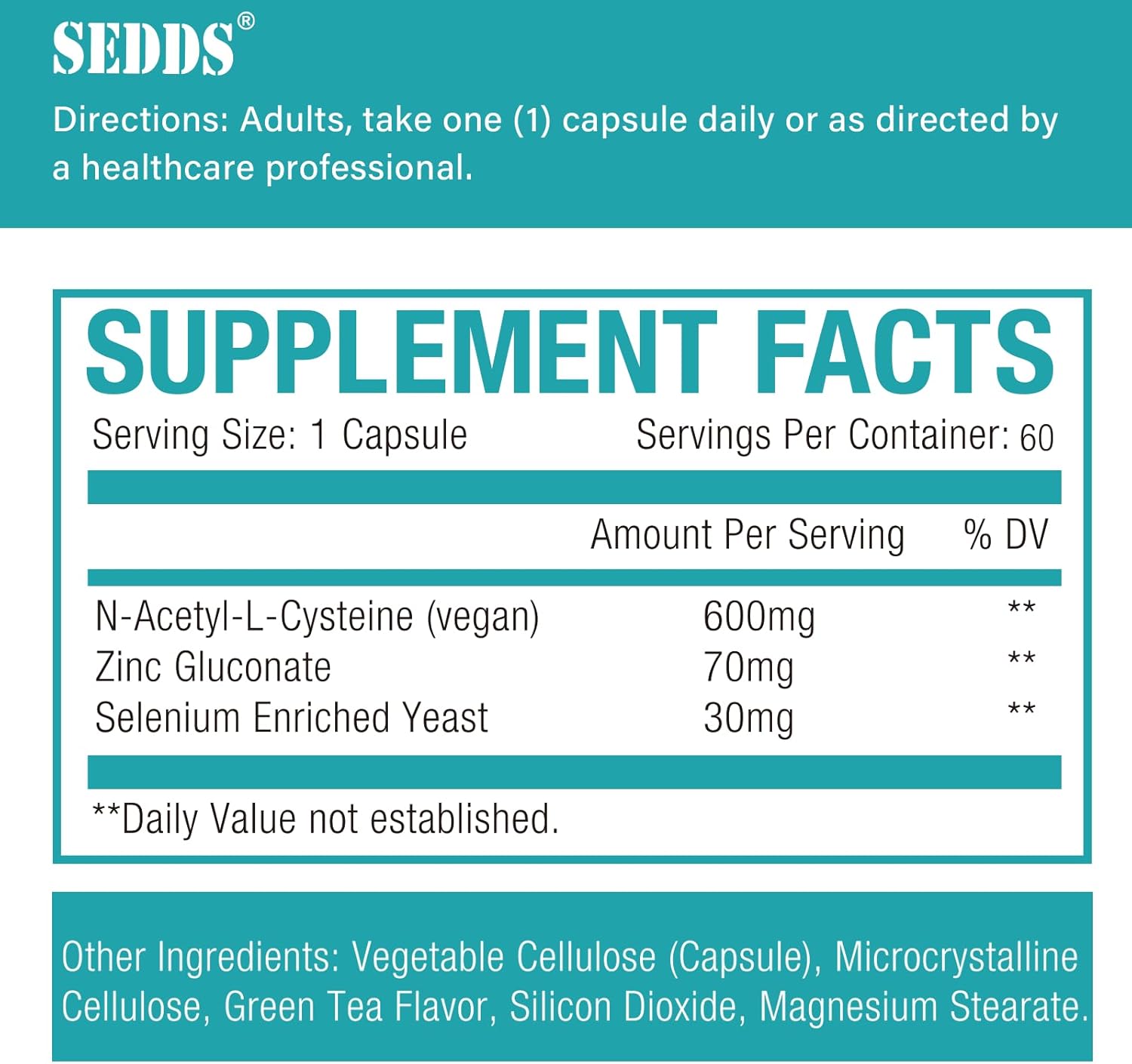 NAC 600mg SEDDS Supplements - 60 Veg Capsules, Non-GMO & Gluten Free
