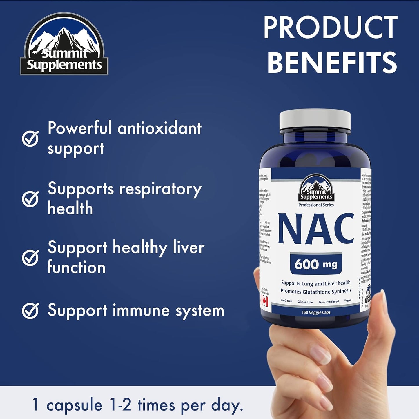 NAC 600mg Supplement for Antioxidant Support - 150 Capsules - Made in Canada