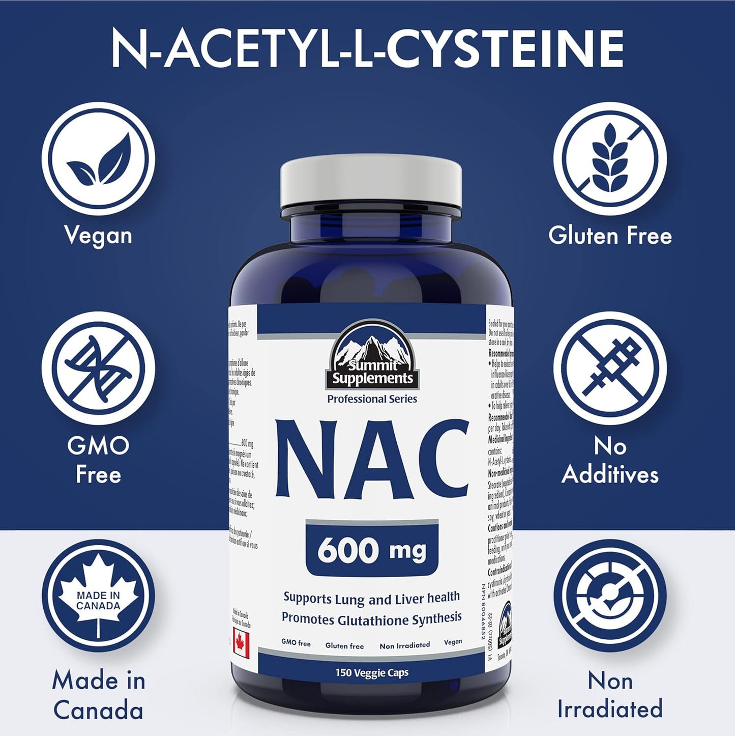 NAC 600mg Supplement for Antioxidant Support - 150 Capsules - Made in Canada