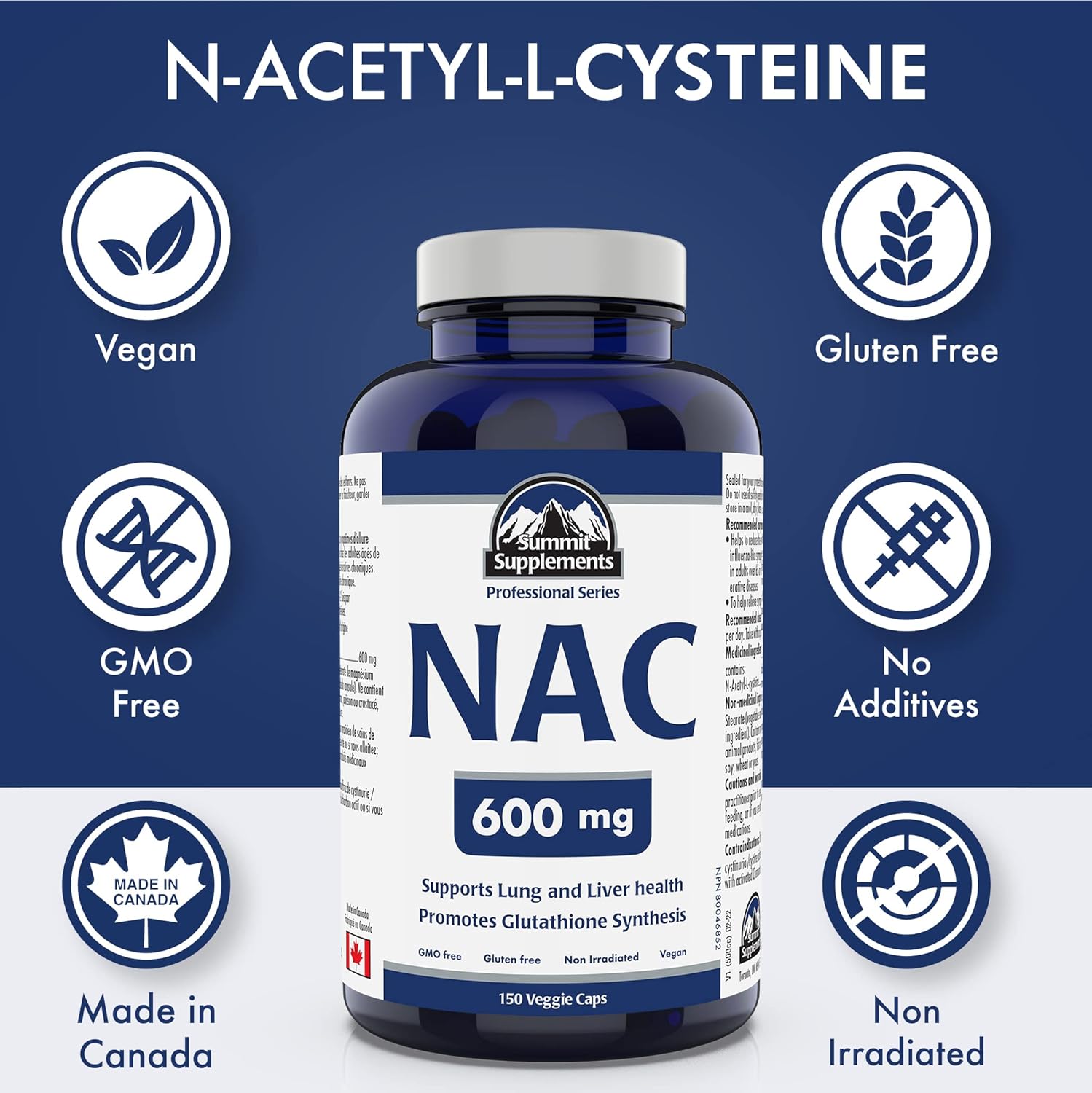 NAC 600mg Supplement for Antioxidant Support - 150 Capsules - Made in Canada