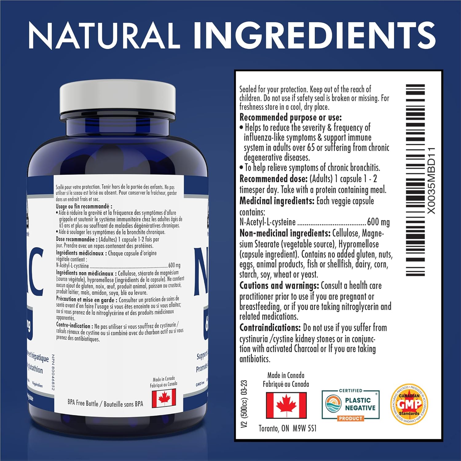NAC 600mg Supplement for Antioxidant Support - 150 Capsules - Made in Canada