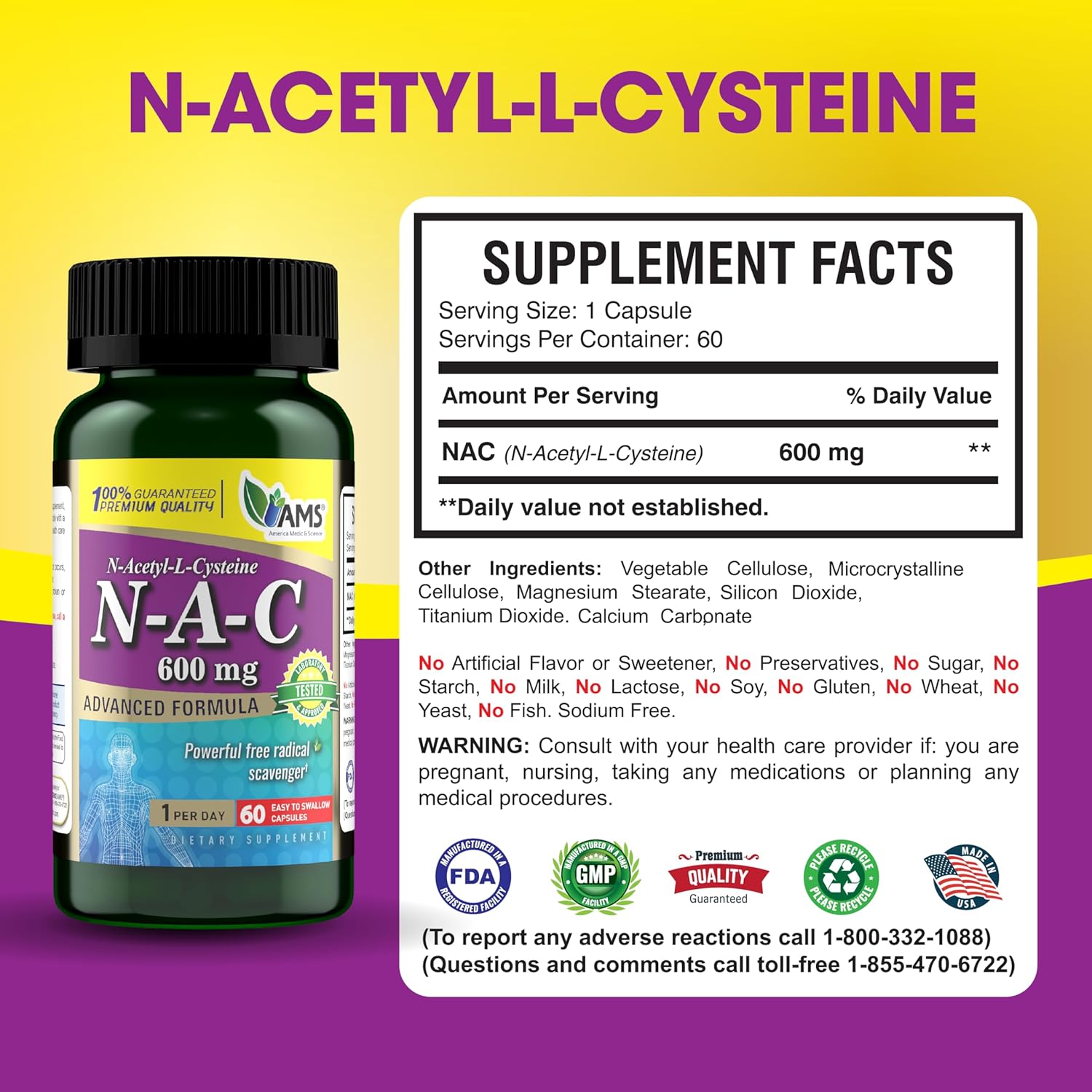 NAC 600mg Supplement for Lung, Immune, & Liver Health - Antioxidant Support - 60 Capsules