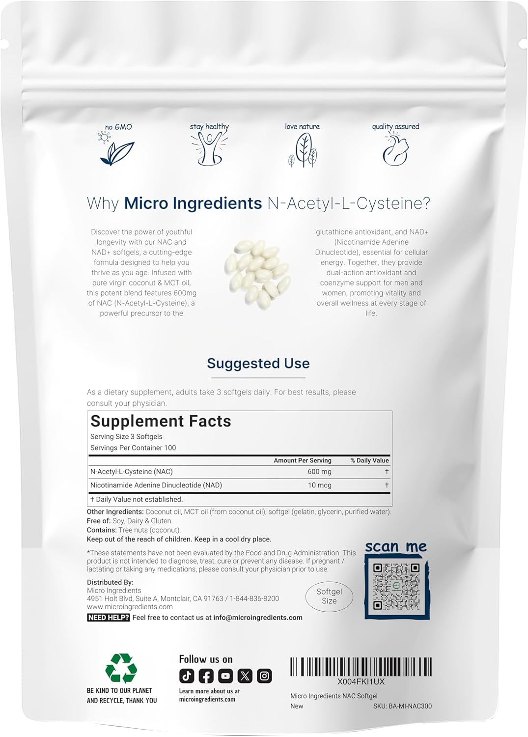 NAC 600mg with NAD+ & Coconut MCT Oil Softgels - Antioxidant Supplement for Energy & Youthful Aging - Non-GMO