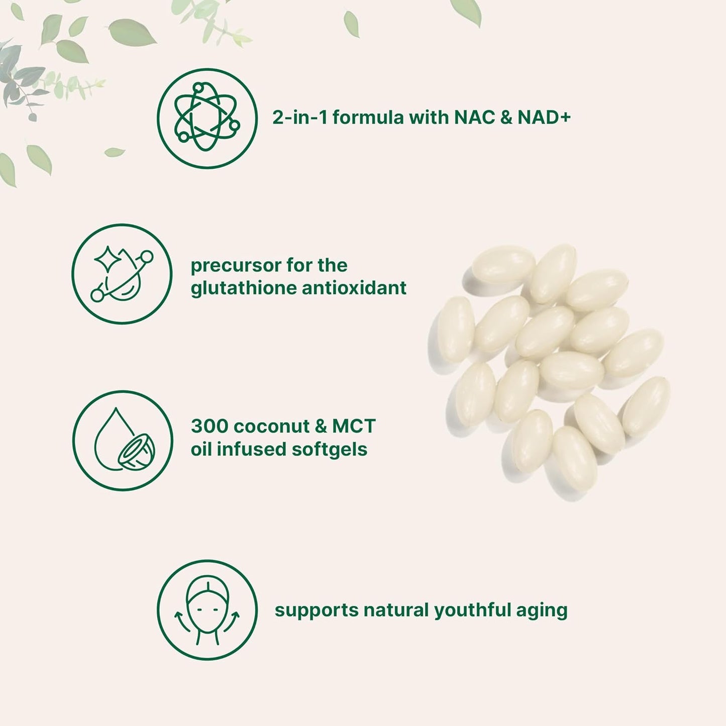 NAC 600mg with NAD+ & Coconut MCT Oil Softgels - Antioxidant Supplement for Energy & Youthful Aging - Non-GMO