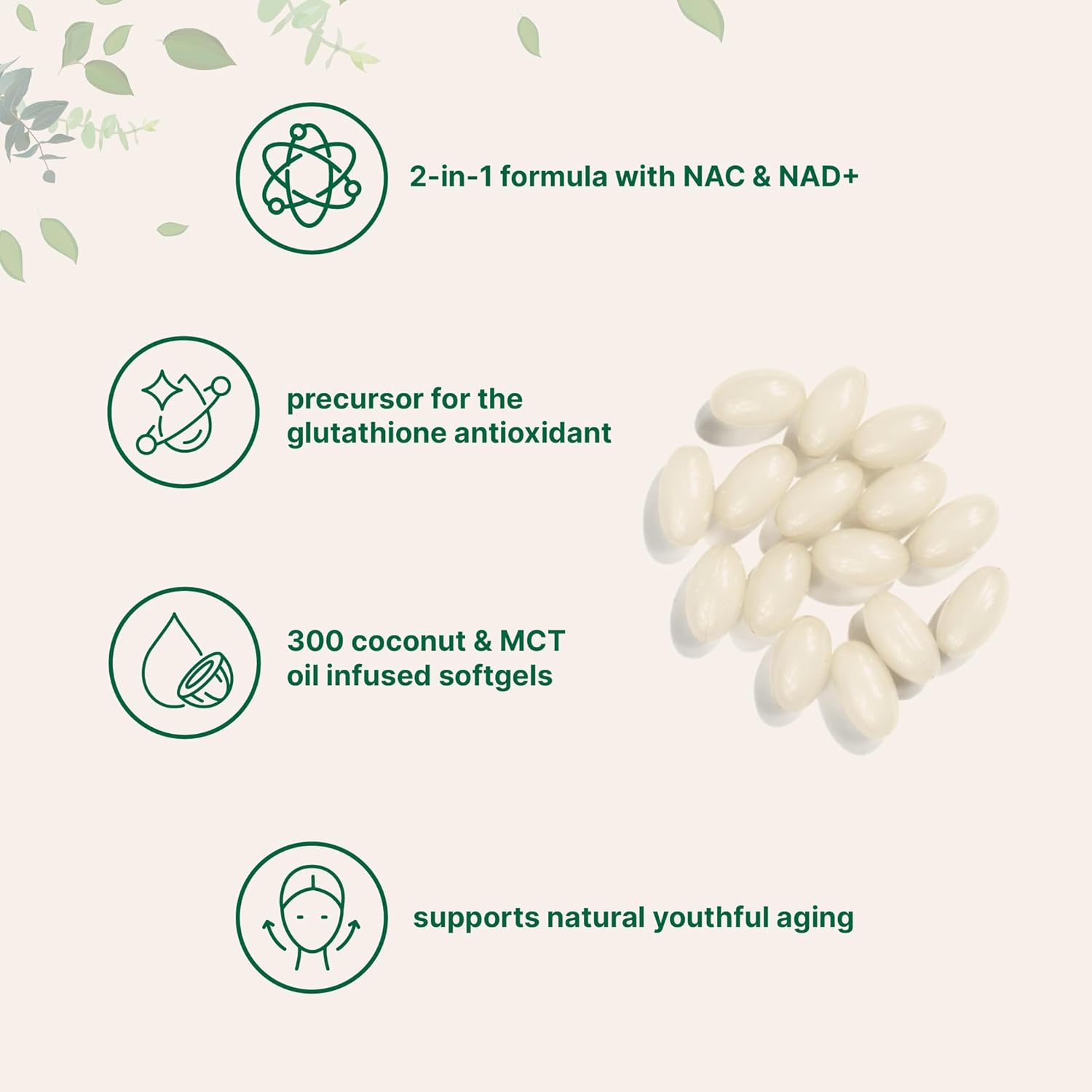 NAC 600mg with NAD+ & Coconut MCT Oil Softgels - Antioxidant Supplement for Energy & Youthful Aging - Non-GMO