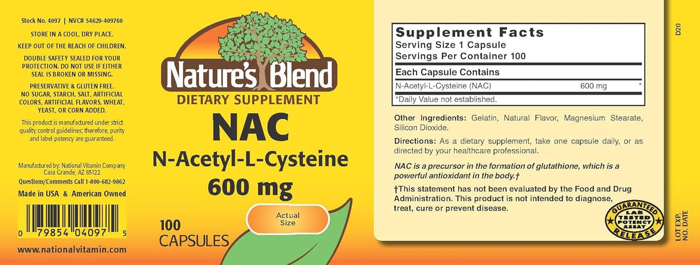 NAC Supplement 600mg - Immune Support & Antioxidant for Cellular Health - 100 Capsules