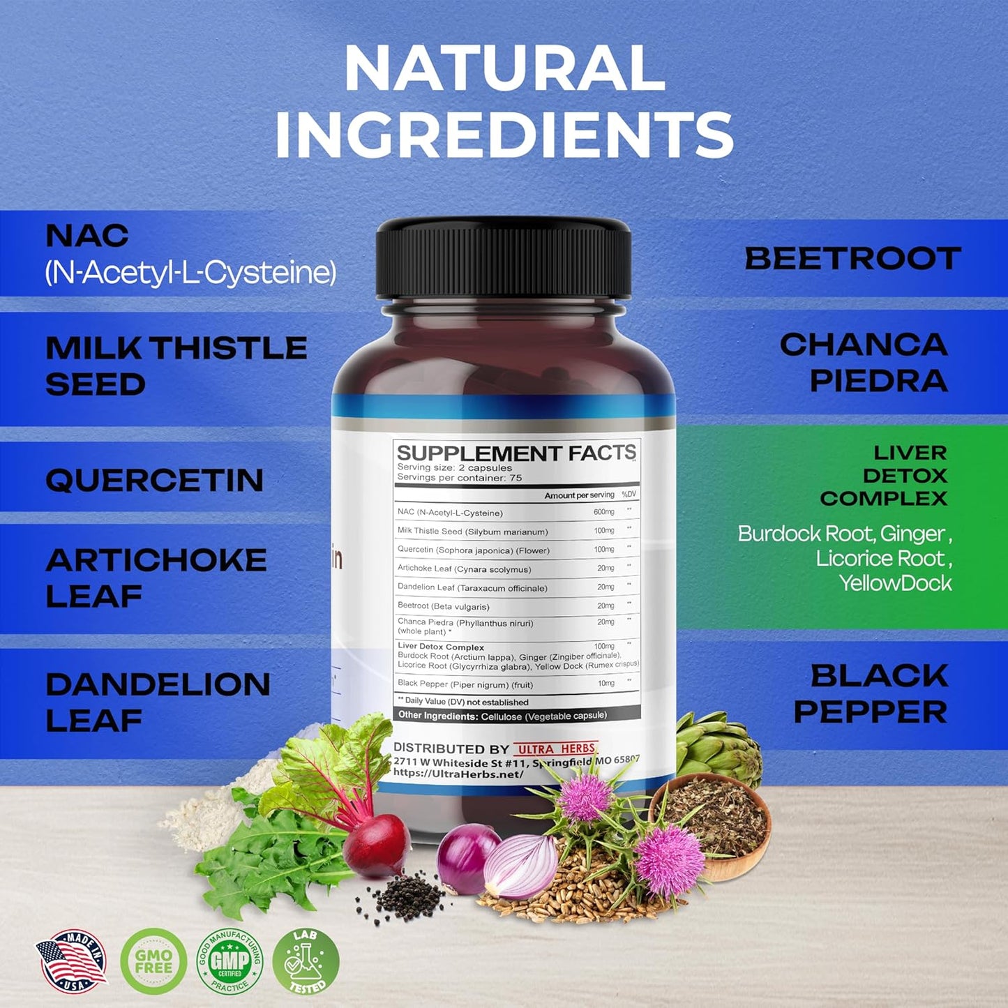 NAC Supplement with Milk Thistle & Quercetin for Immunity, Respiratory Health, Liver Detox - 150 Capsules