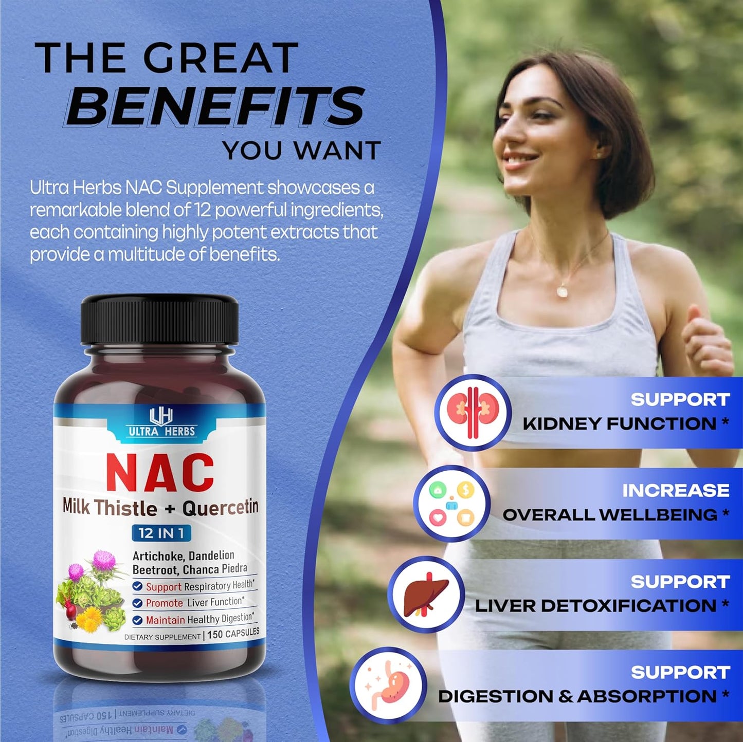 NAC Supplement with Milk Thistle & Quercetin for Immunity, Respiratory Health, Liver Detox - 150 Capsules