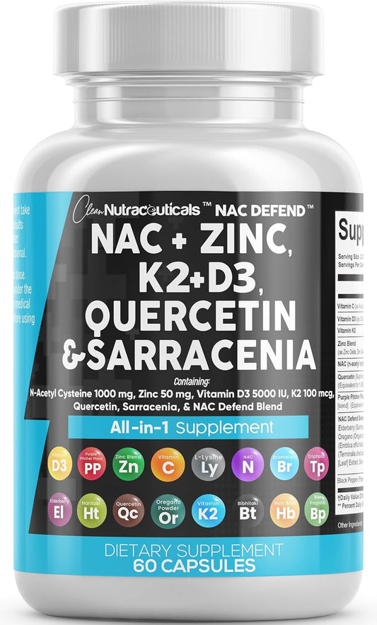NAC Supplement with Vitamin D3, K2, Zinc, Quercetin, and Elderberry - 60 Count