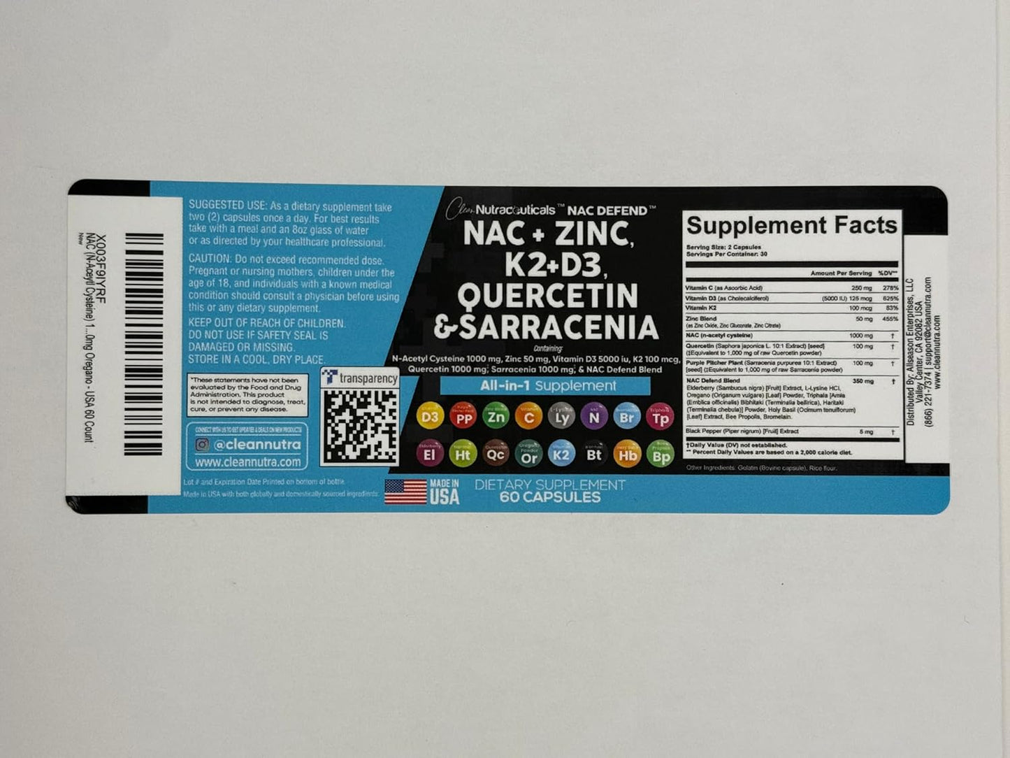 NAC Supplement with Vitamin D3, K2, Zinc, Quercetin, and Elderberry - 60 Count