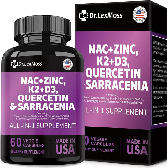 NAC Supplement with Vitamin D3, K2, Zinc, Quercetin, Sarracenia Purpurea, Elderberry, Holy Basil, Bee Propolis, Bromelain, L-Lysine - 60 Count USA