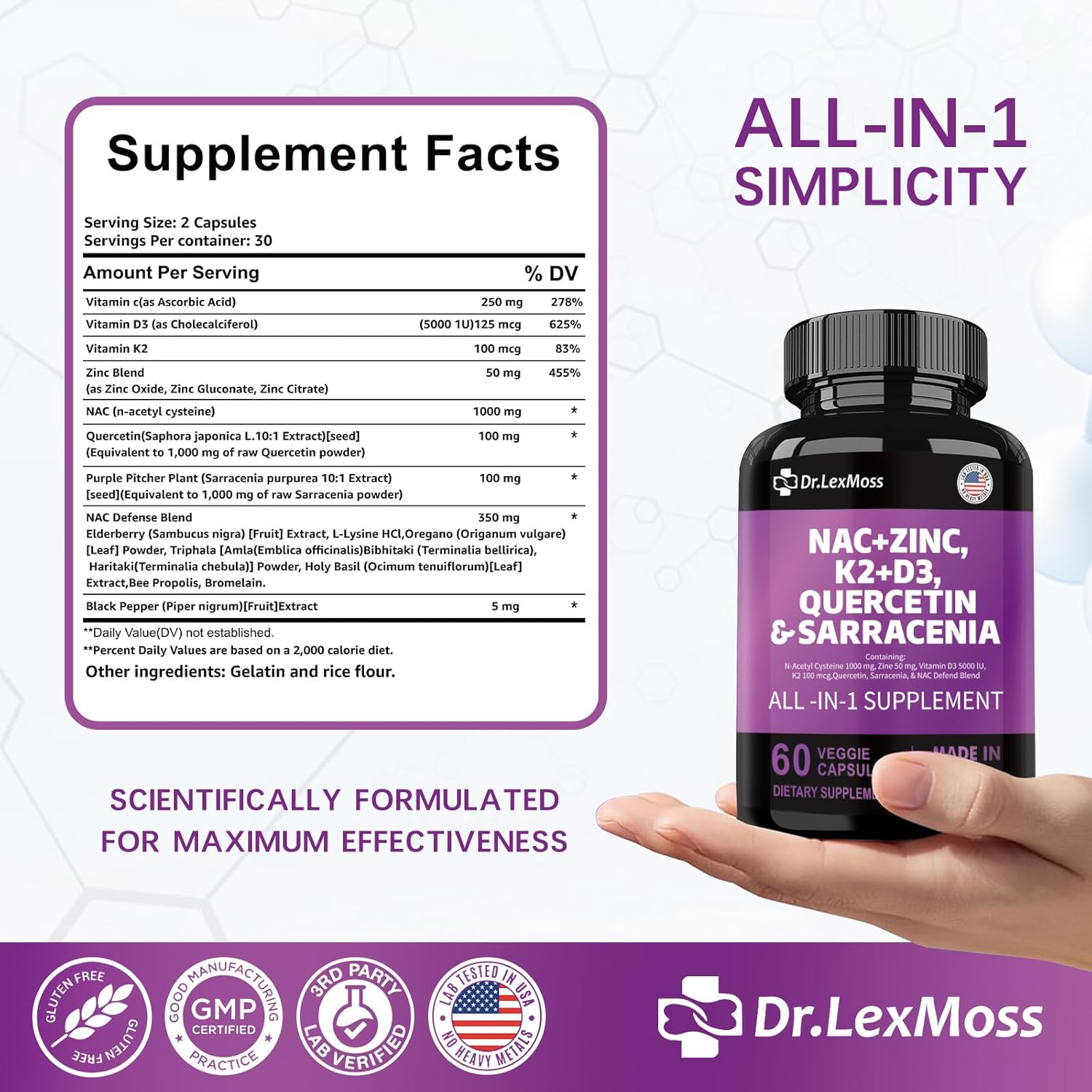NAC Supplement with Vitamin D3, K2, Zinc, Quercetin, Sarracenia Purpurea, Elderberry, Holy Basil, Bee Propolis, Bromelain, L-Lysine - 60 Count USA