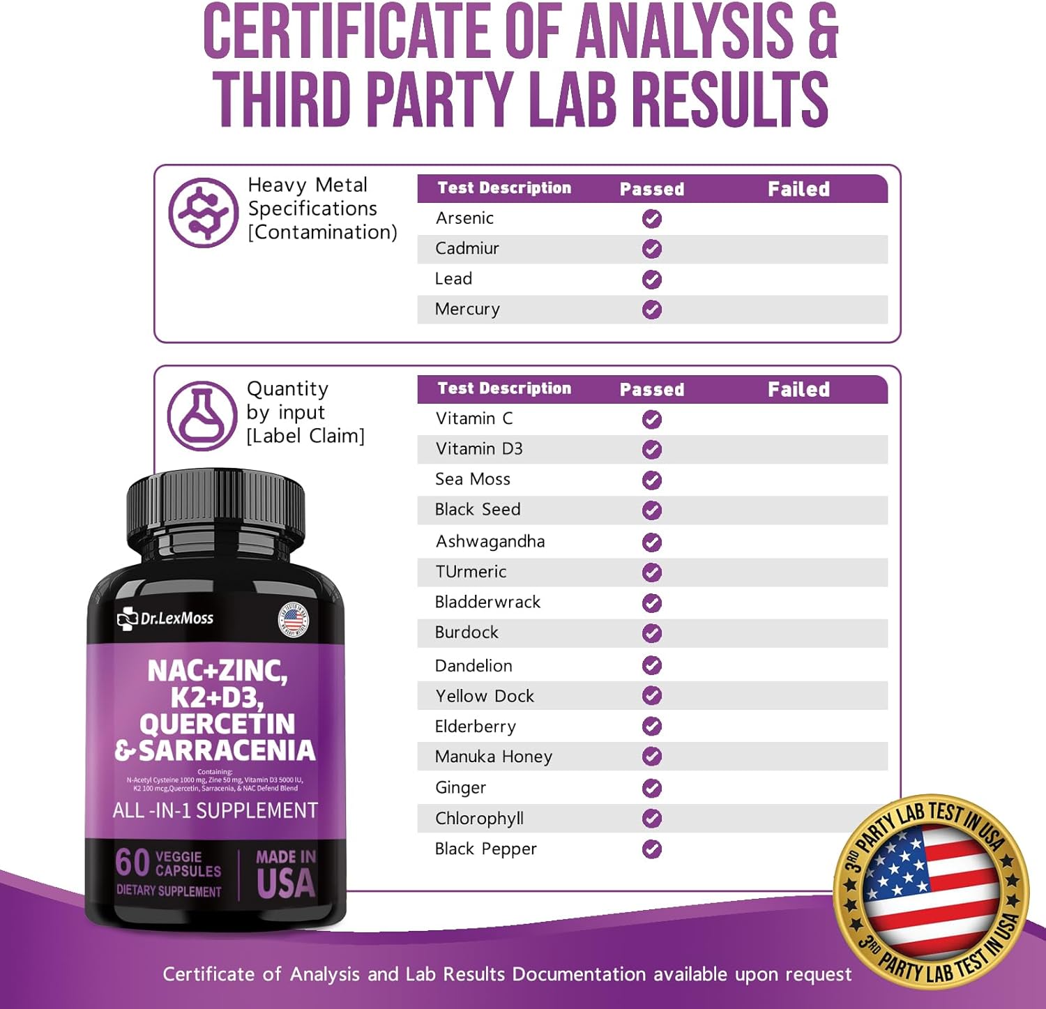 NAC Supplement with Vitamin D3, K2, Zinc, Quercetin, Sarracenia Purpurea, Elderberry, Holy Basil, Bee Propolis, Bromelain, L-Lysine - 60 Count USA