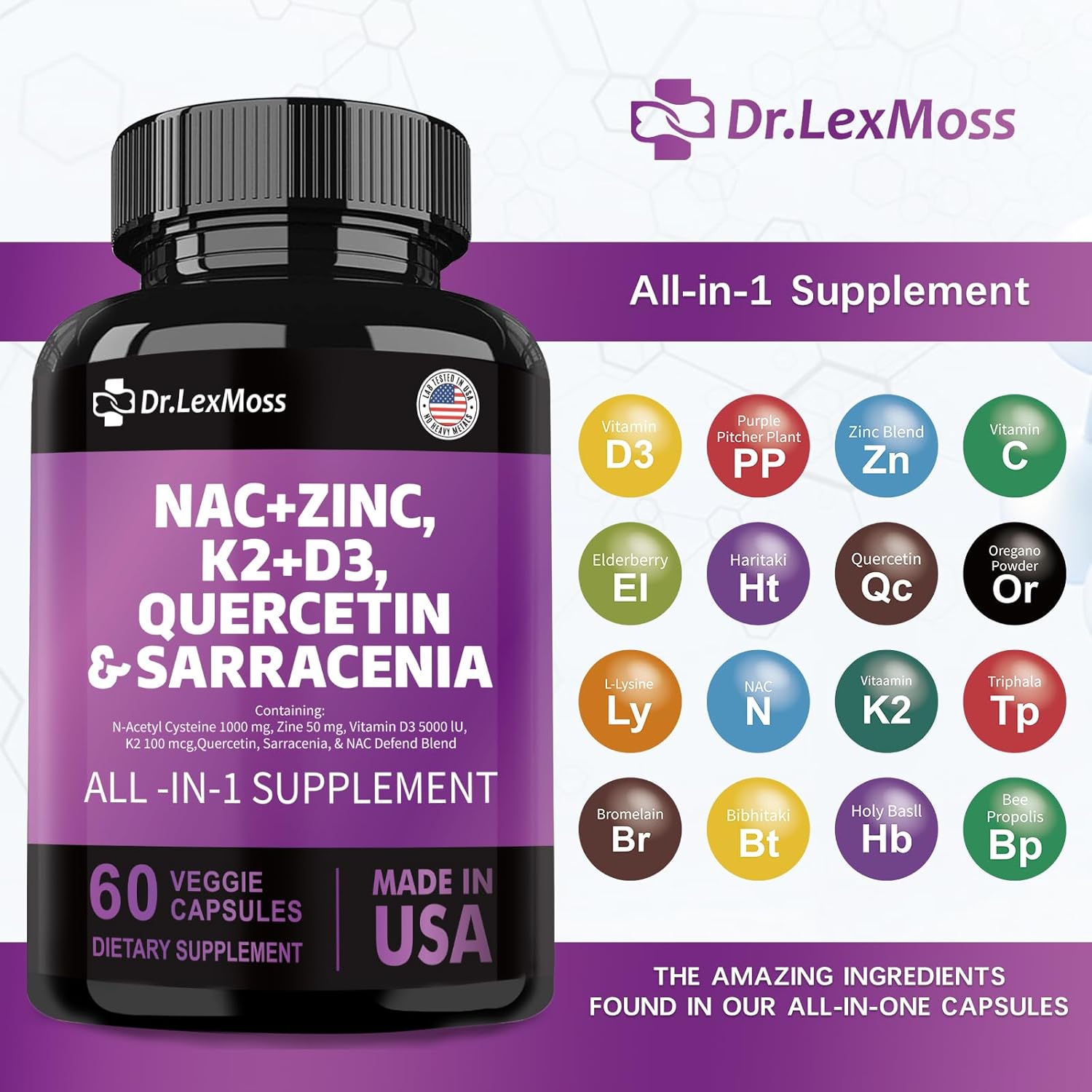 NAC Supplement with Vitamin D3, K2, Zinc, Quercetin, Sarracenia Purpurea, Elderberry, Holy Basil, Bee Propolis, Bromelain, L-Lysine - 60 Count USA