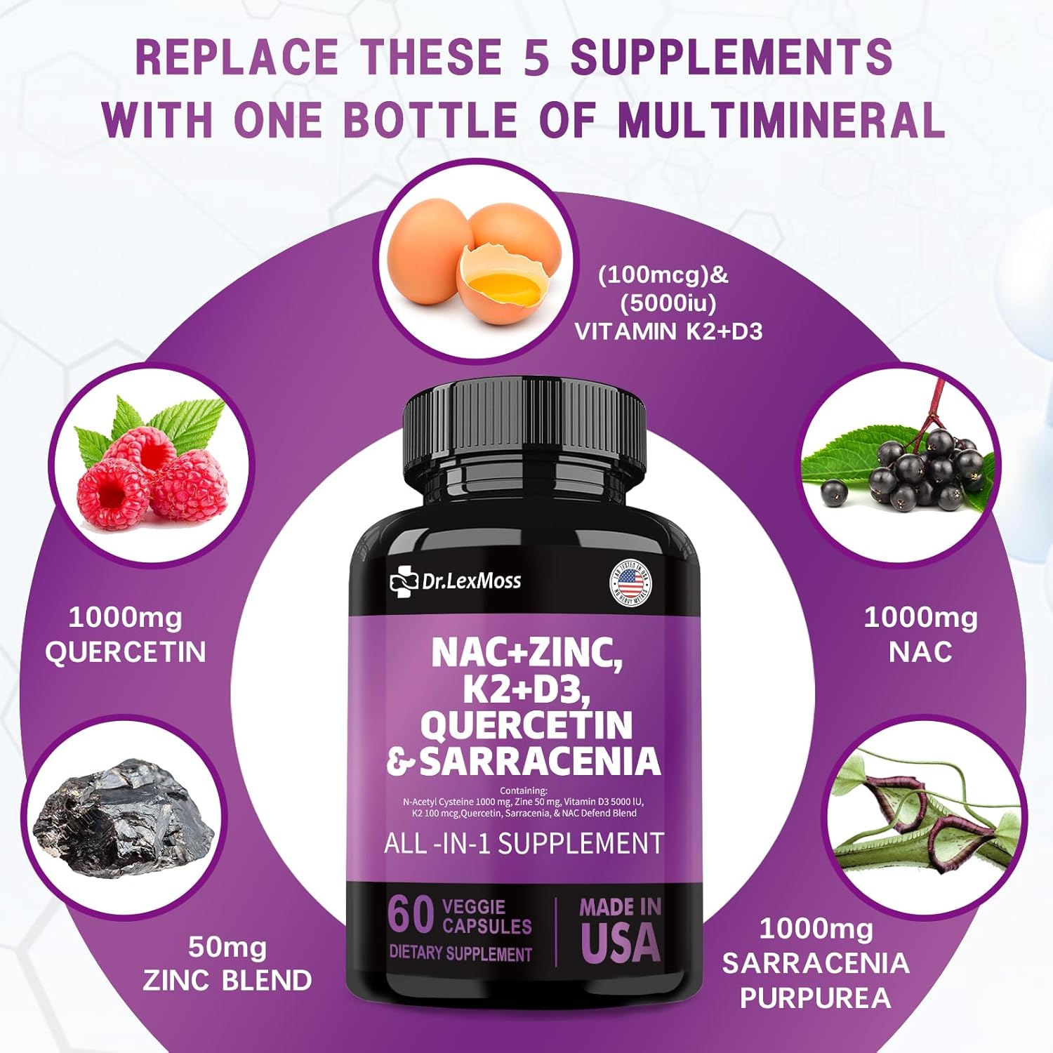 NAC Supplement with Vitamin D3, K2, Zinc, Quercetin, Sarracenia Purpurea, Elderberry, Holy Basil, Bee Propolis, Bromelain, L-Lysine - 60 Count USA