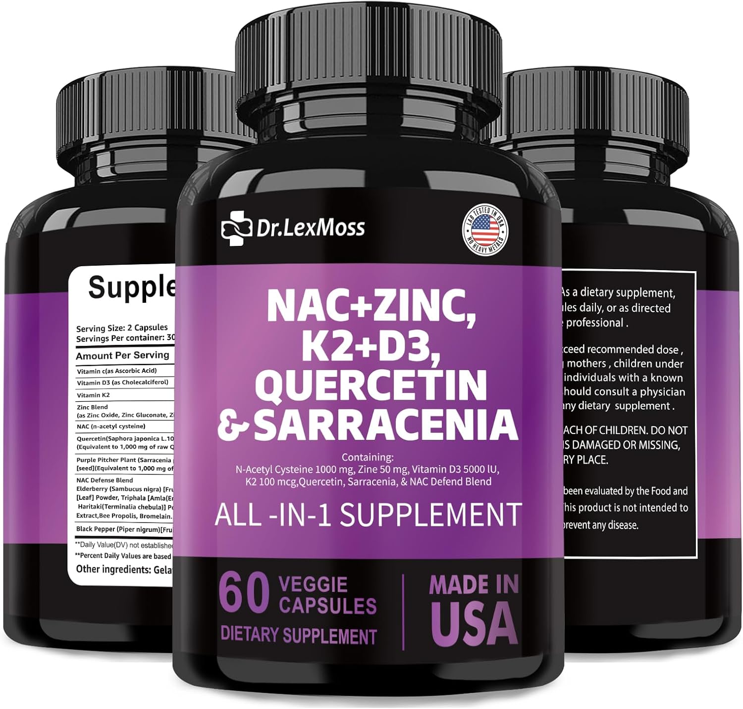 NAC Supplement with Vitamin D3, K2, Zinc, Quercetin, Sarracenia Purpurea, Elderberry, Holy Basil, Bee Propolis, Bromelain, L-Lysine - 60 Count USA