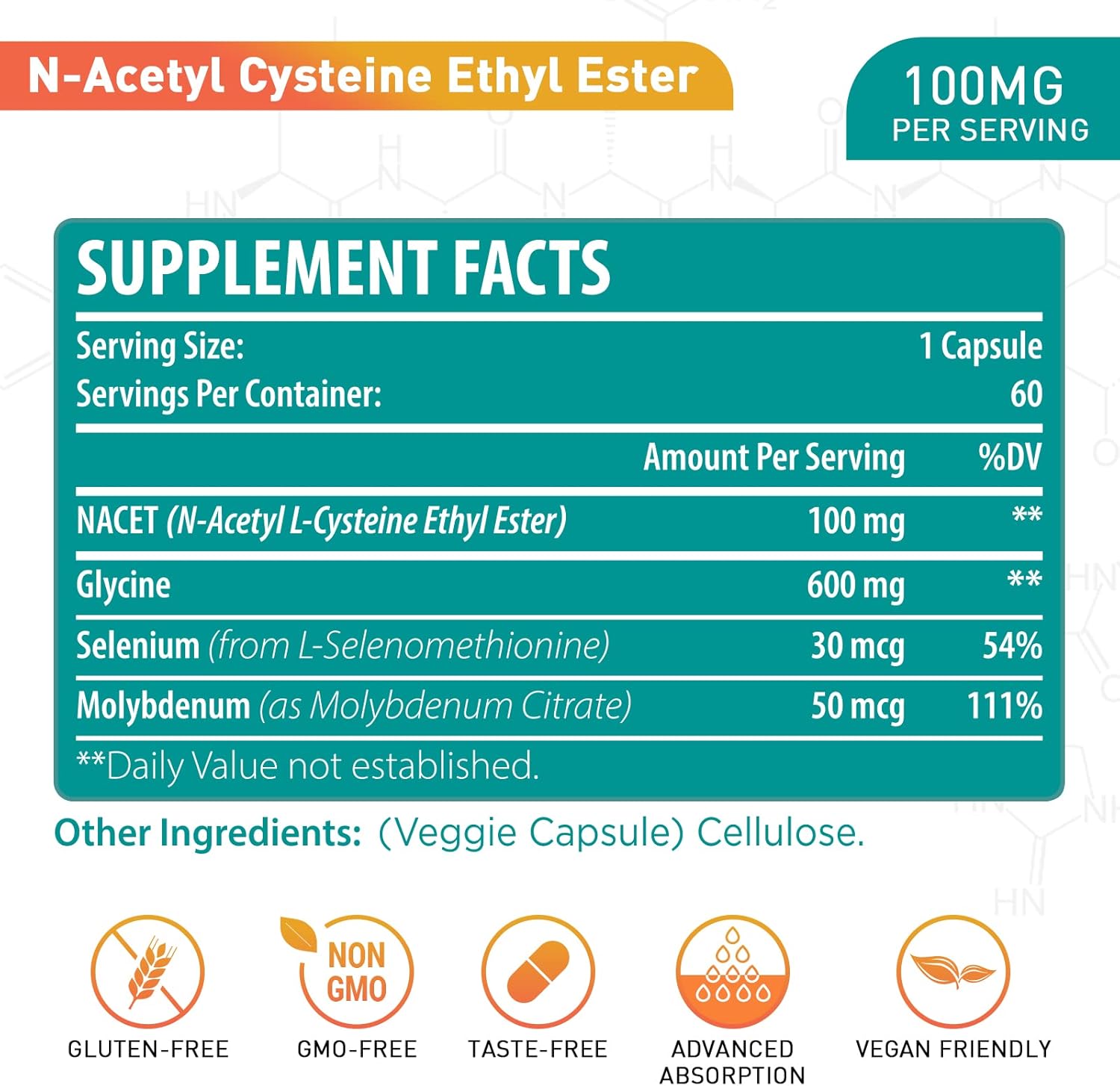 NACET Liposomal N-Acetyl Cysteine Ethyl Ester 100mg with Glycine 600mg - Enhanced Absorption, Immune Support, Antioxidant - 60 Capsules