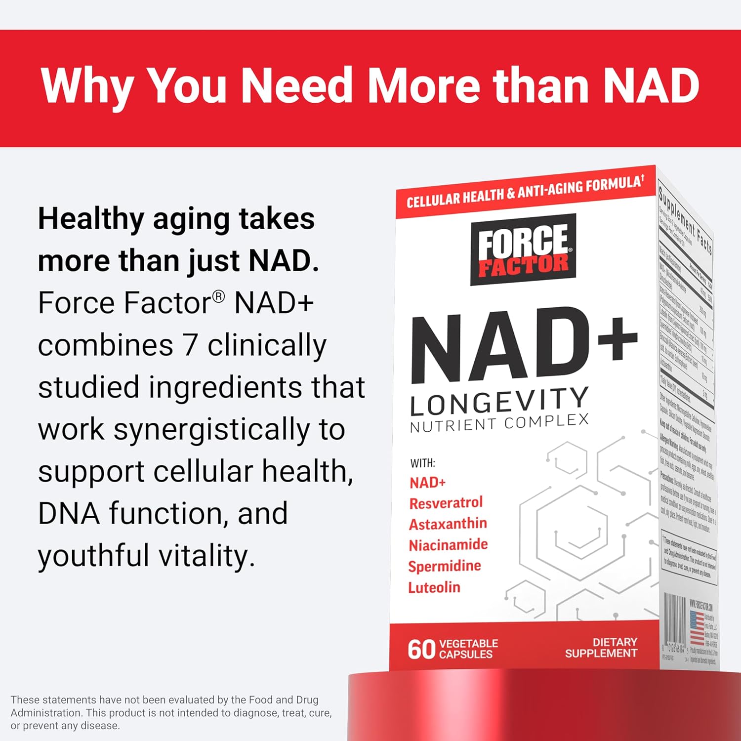 NAD+ Boost Complex with Resveratrol, Astaxanthin, Spermidine, Luteolin - Cellular Health Support - 60 Capsules