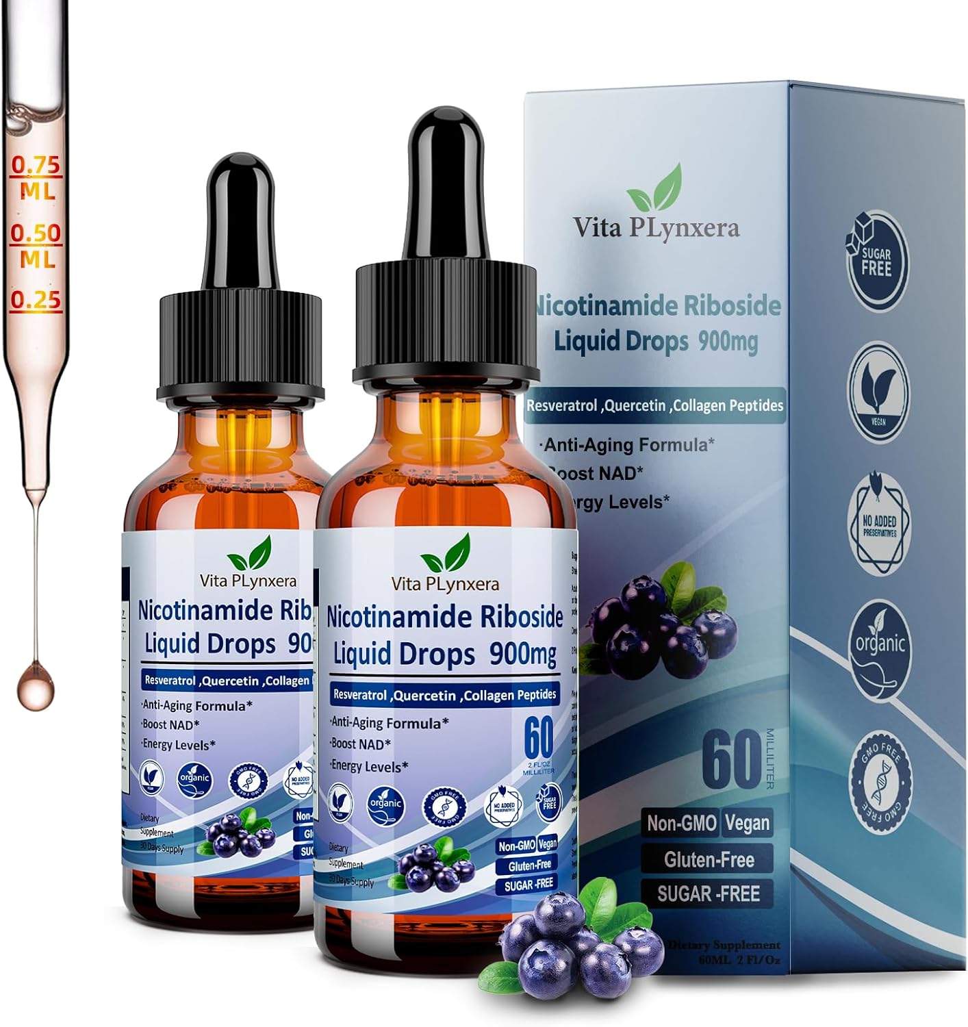 NAD Plus Supplement for Anti-Aging & Energy - 2 Pack NAD Nicotinamide Riboside Resveratrol 900mg Liquid Formula with Collagen & Biotin - Men & Women's Health & Longevity